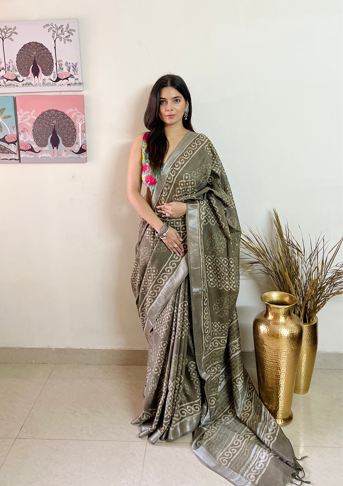 Handblock Printed Linen Cotton Saree