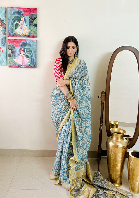 Handloom Handblock Printed Chanderi Silk Cotton Saree with Zari Border