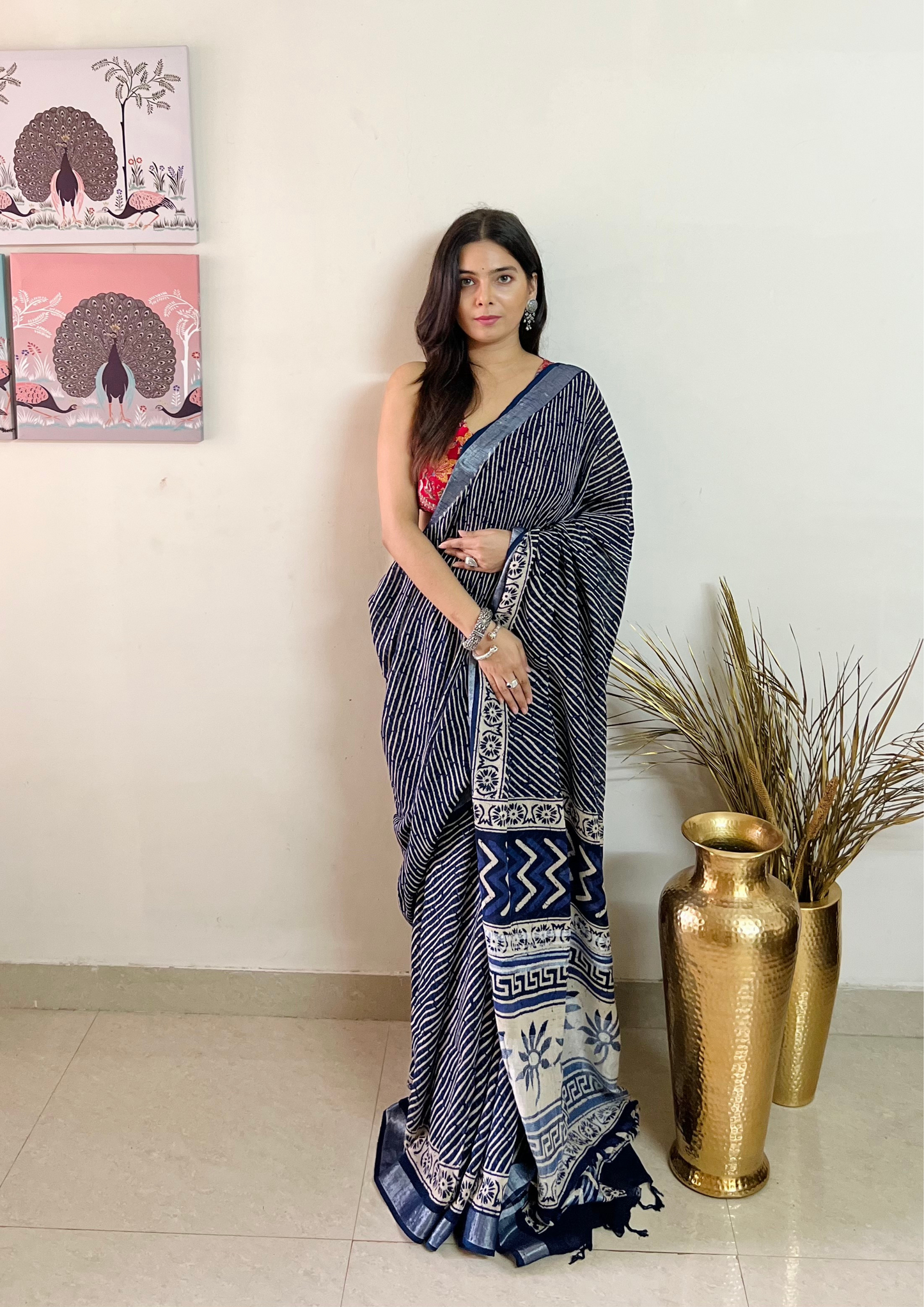 Handblock Printed Linen Cotton Saree