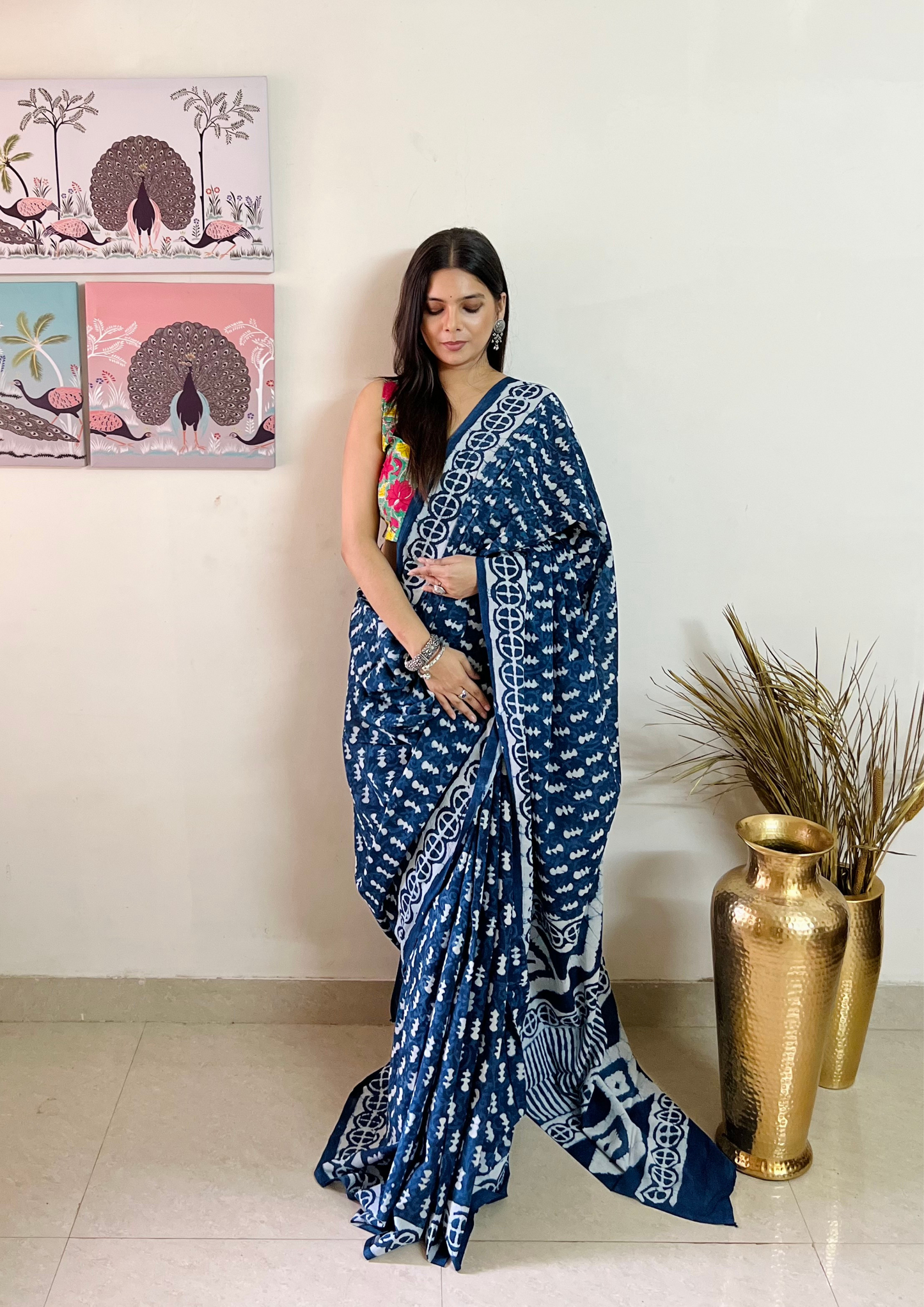 Indigo Dabu Handblock Printed Natural Dyed Mulmul Cotton Saree