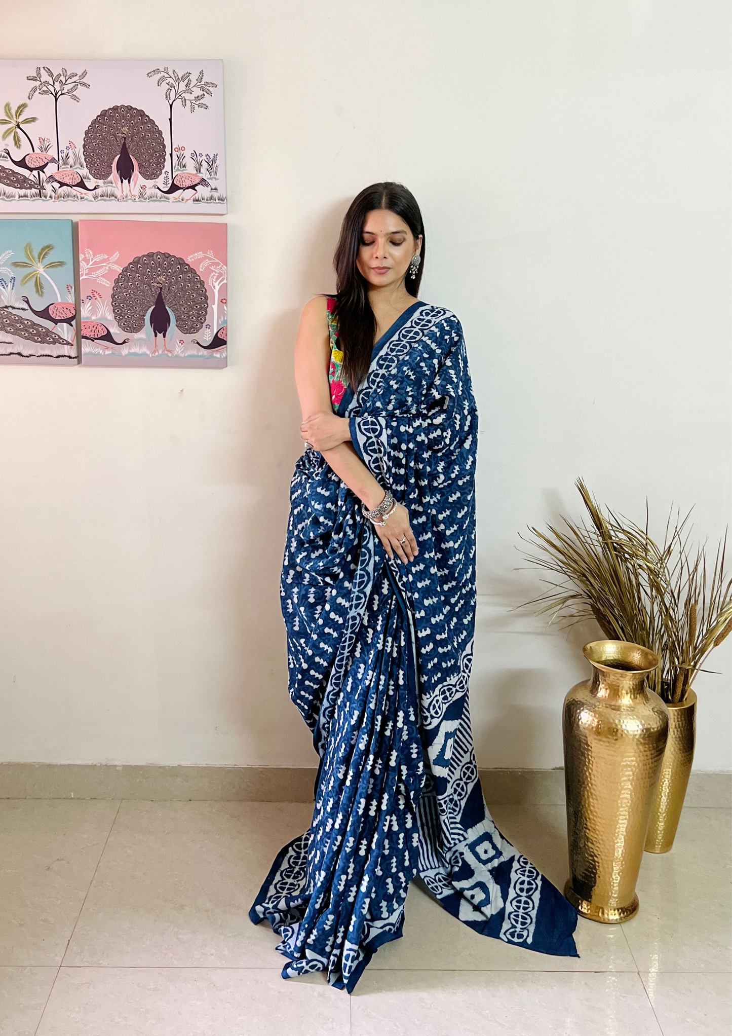 Indigo Dabu Handblock Printed Natural Dyed Mulmul Cotton Saree