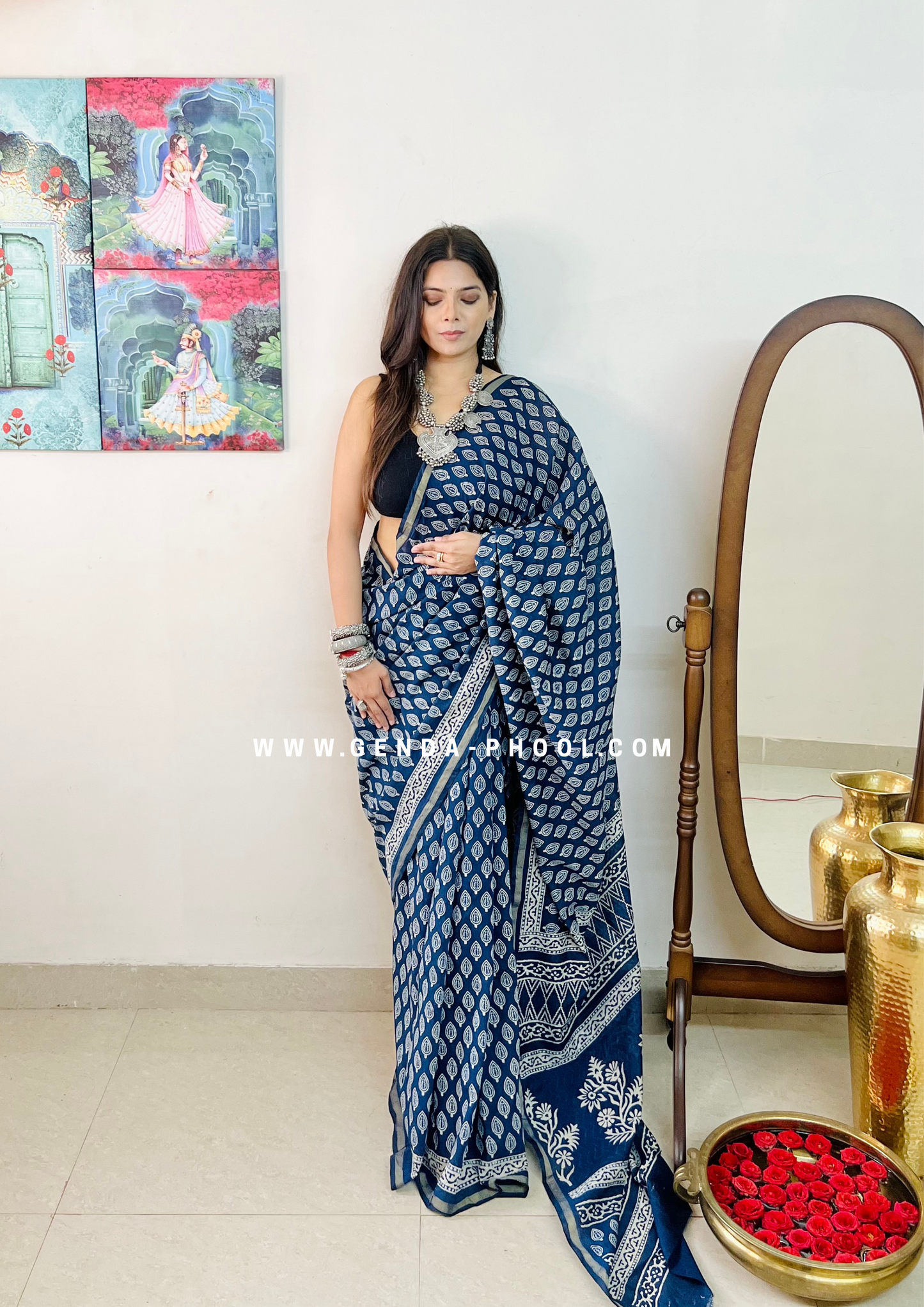 Dabu Hand-Block Chanderi Cotton Silk Saree with Zari Border