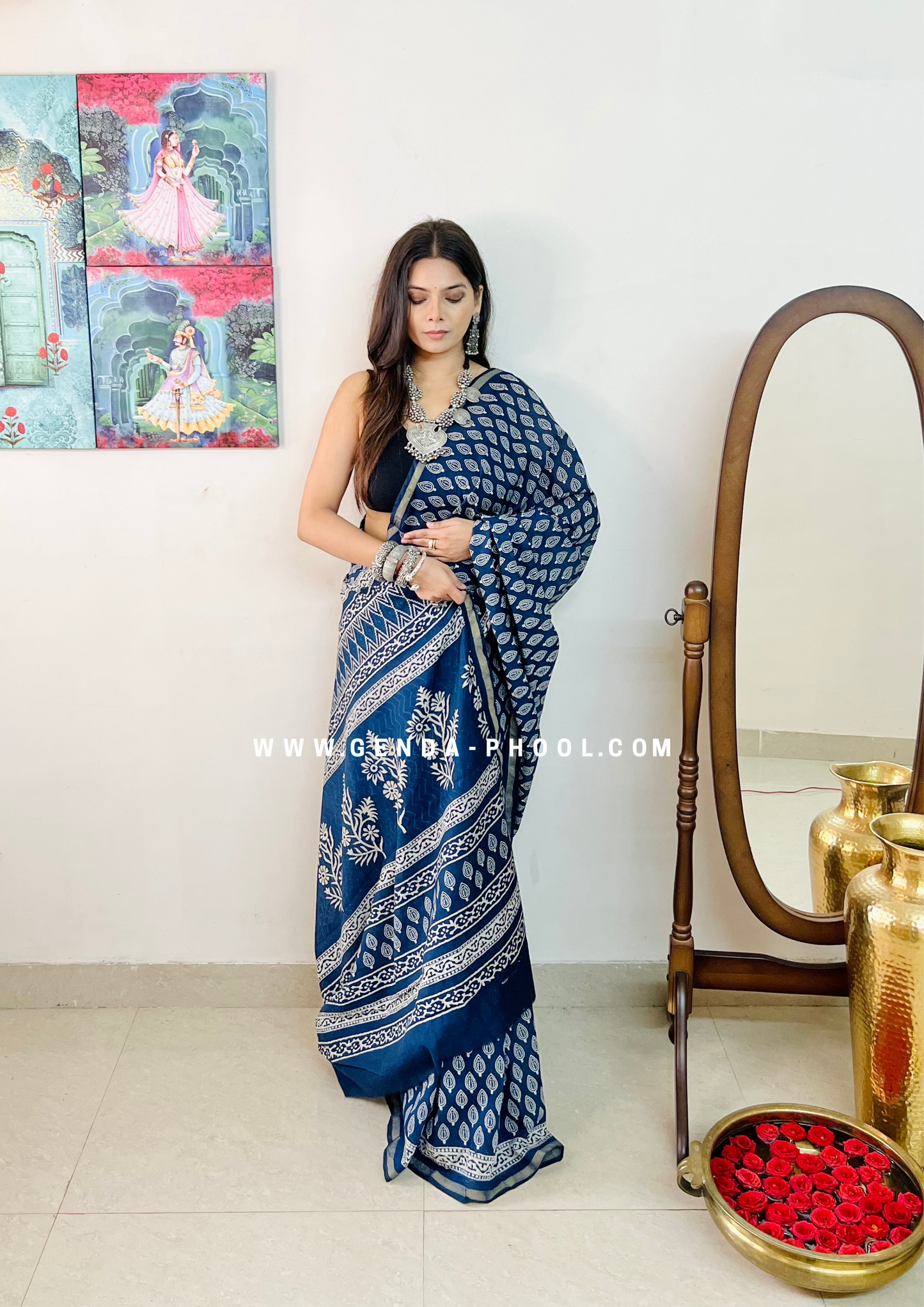 Dabu Hand-Block Chanderi Cotton Silk Saree with Zari Border