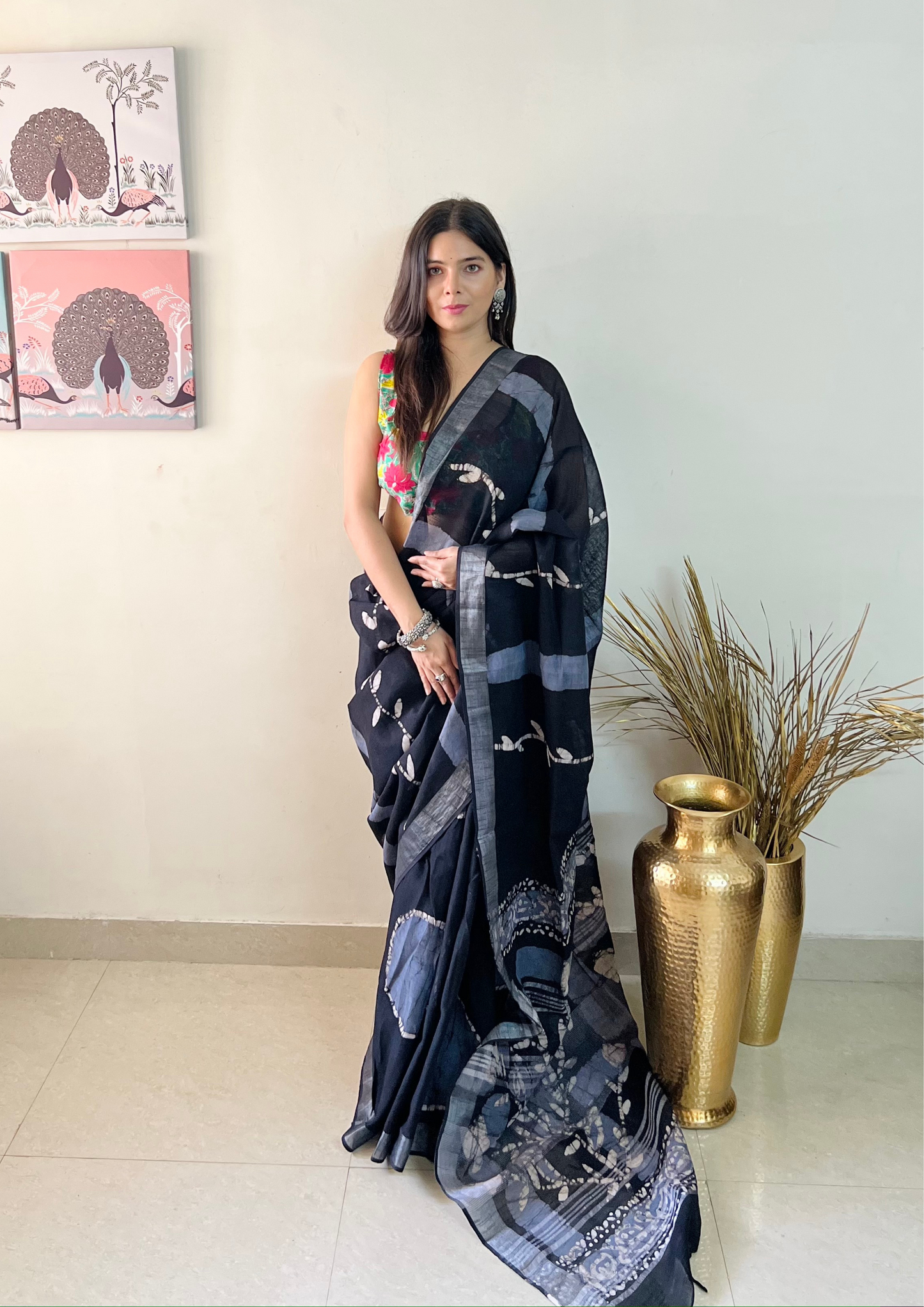 Handblock Printed Linen Cotton Saree