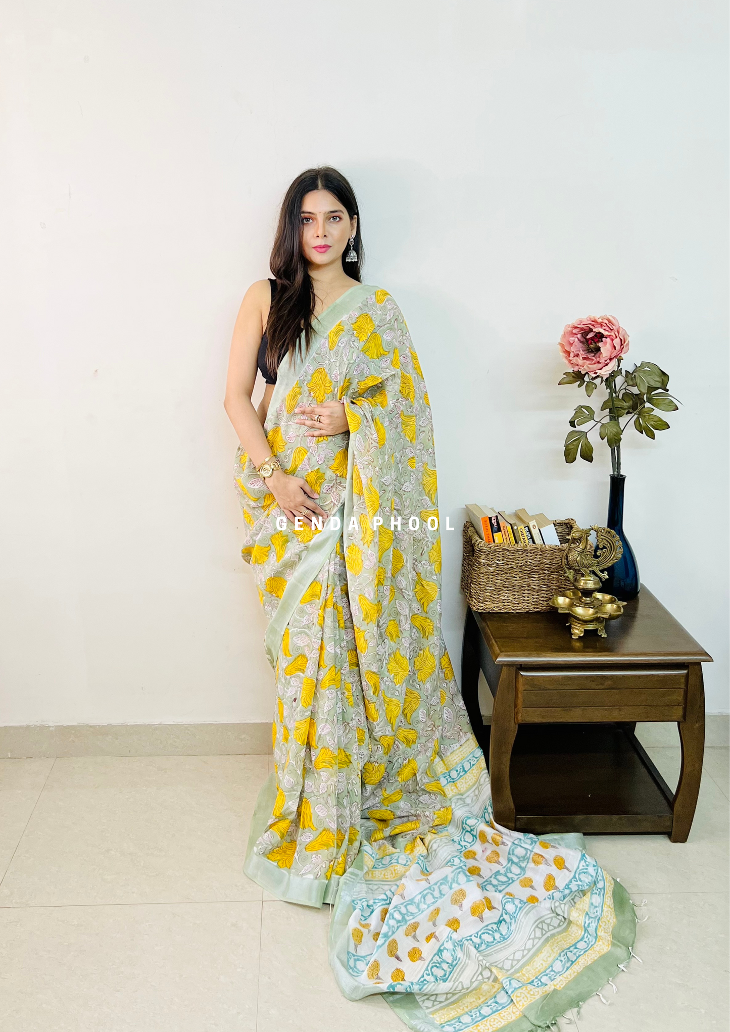 Handblock Printed Linen Cotton Saree