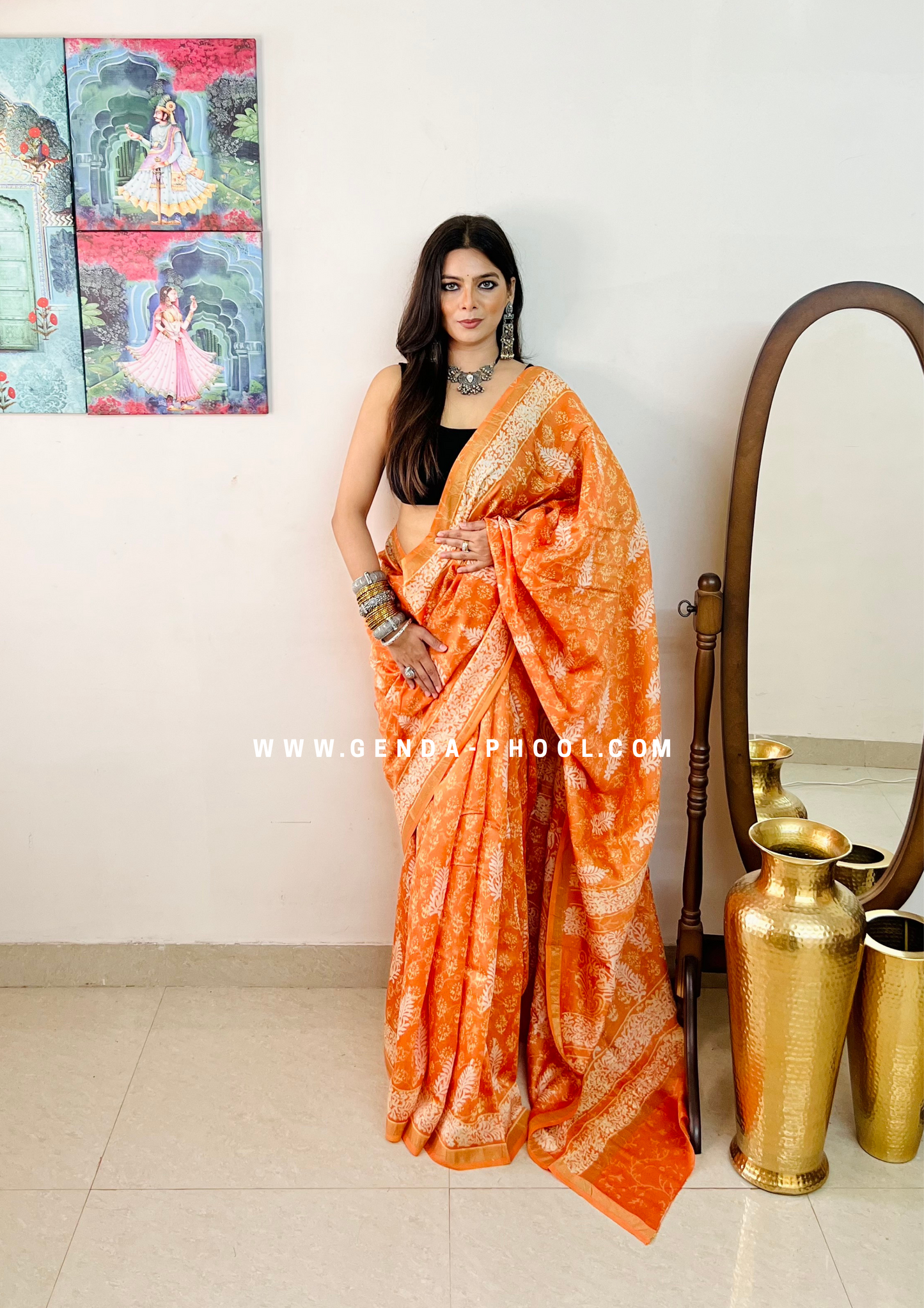 Handloom Dabu Handblock Printed Chanderi Silk Cotton Saree with Zari Border