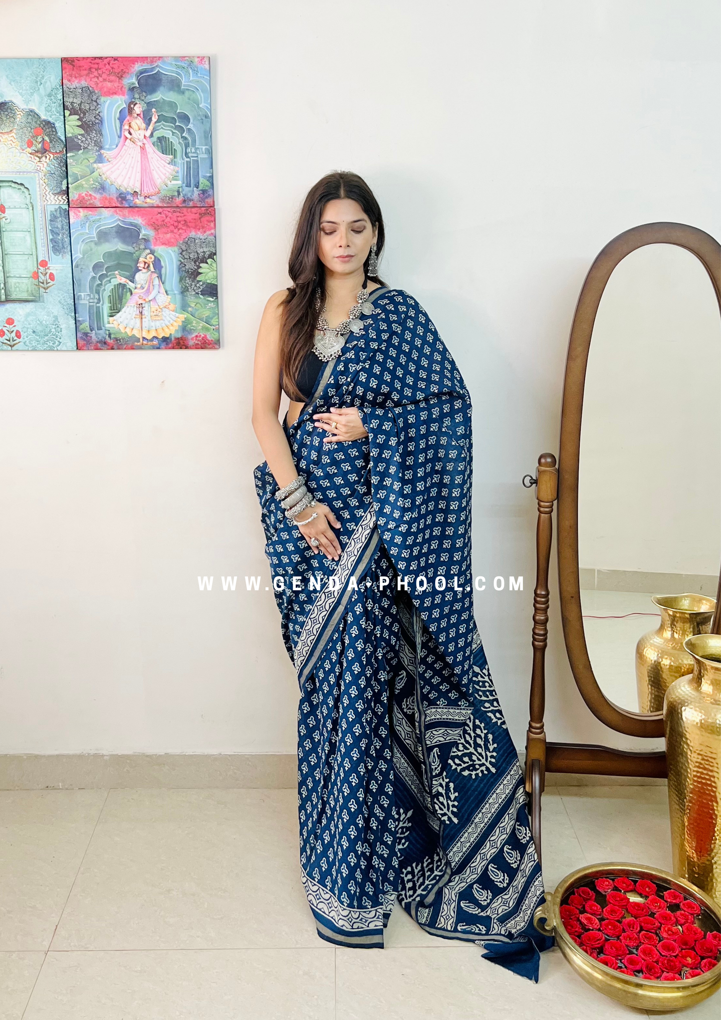 Dabu Hand-Block Chanderi Cotton Silk Saree with Zari Border