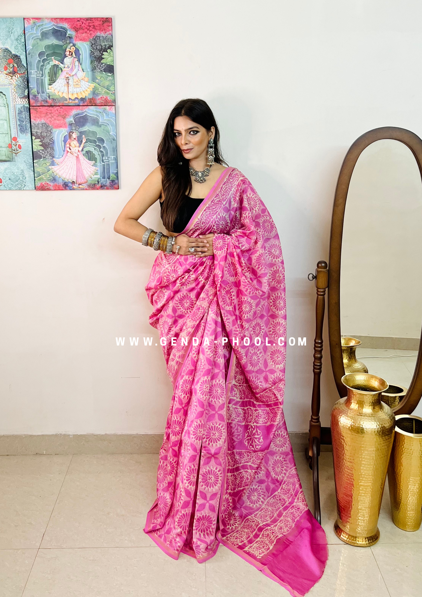 Handloom Dabu Handblock Printed Chanderi Silk Cotton Saree with Zari Border