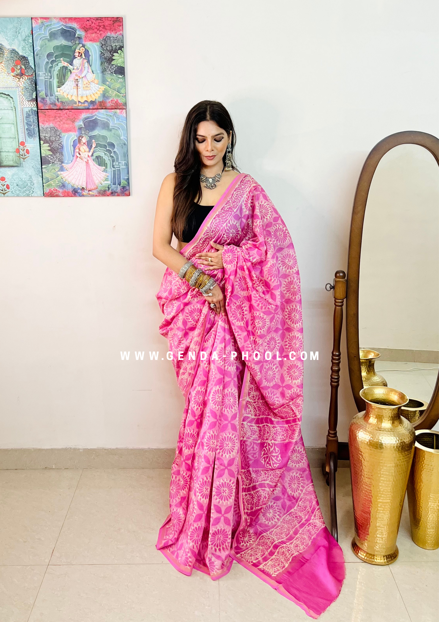 Handloom Dabu Handblock Printed Chanderi Silk Cotton Saree with Zari Border