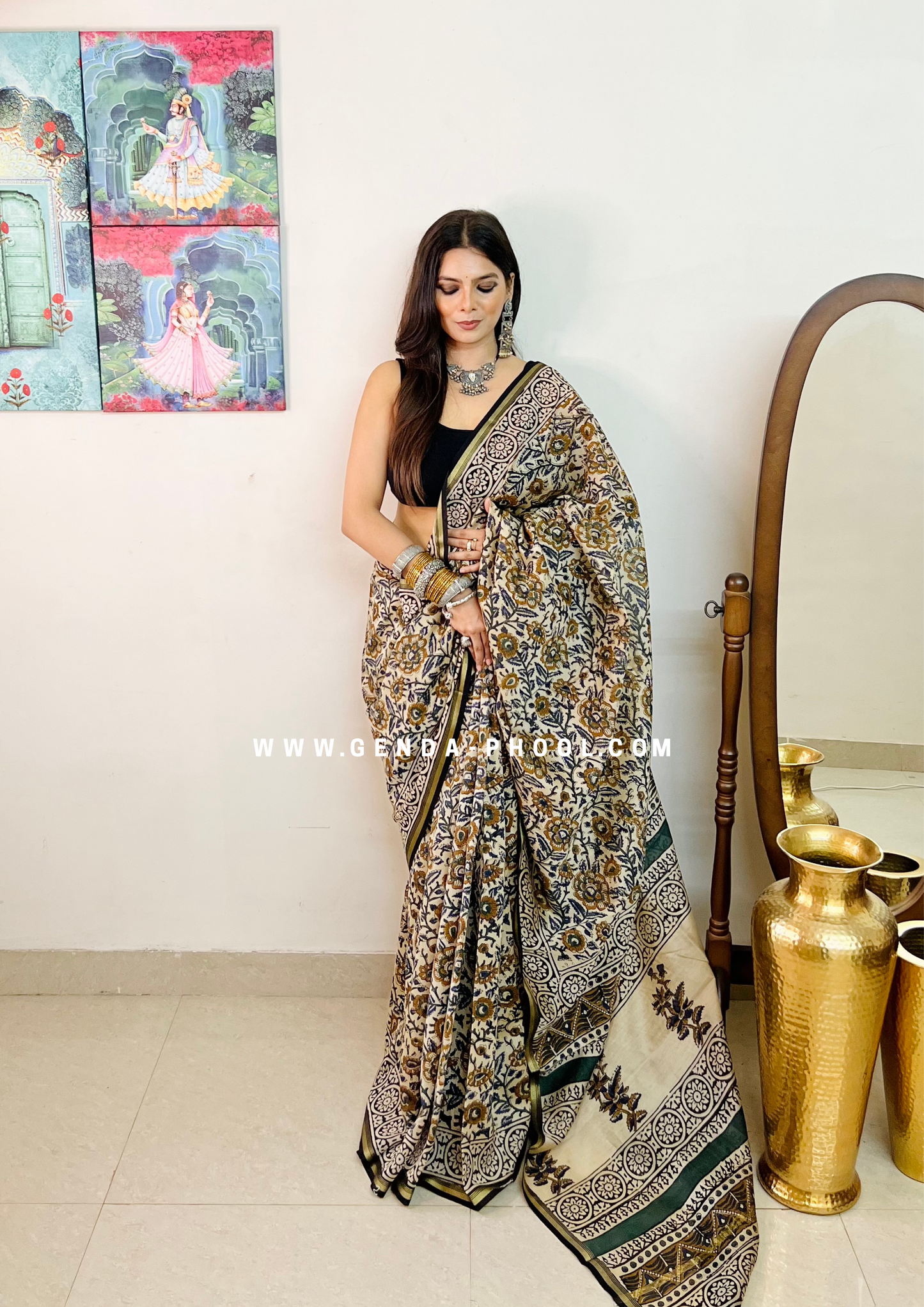 Handloom Kalamkari Handblock Printed Chanderi Silk Cotton Saree with Zari Border