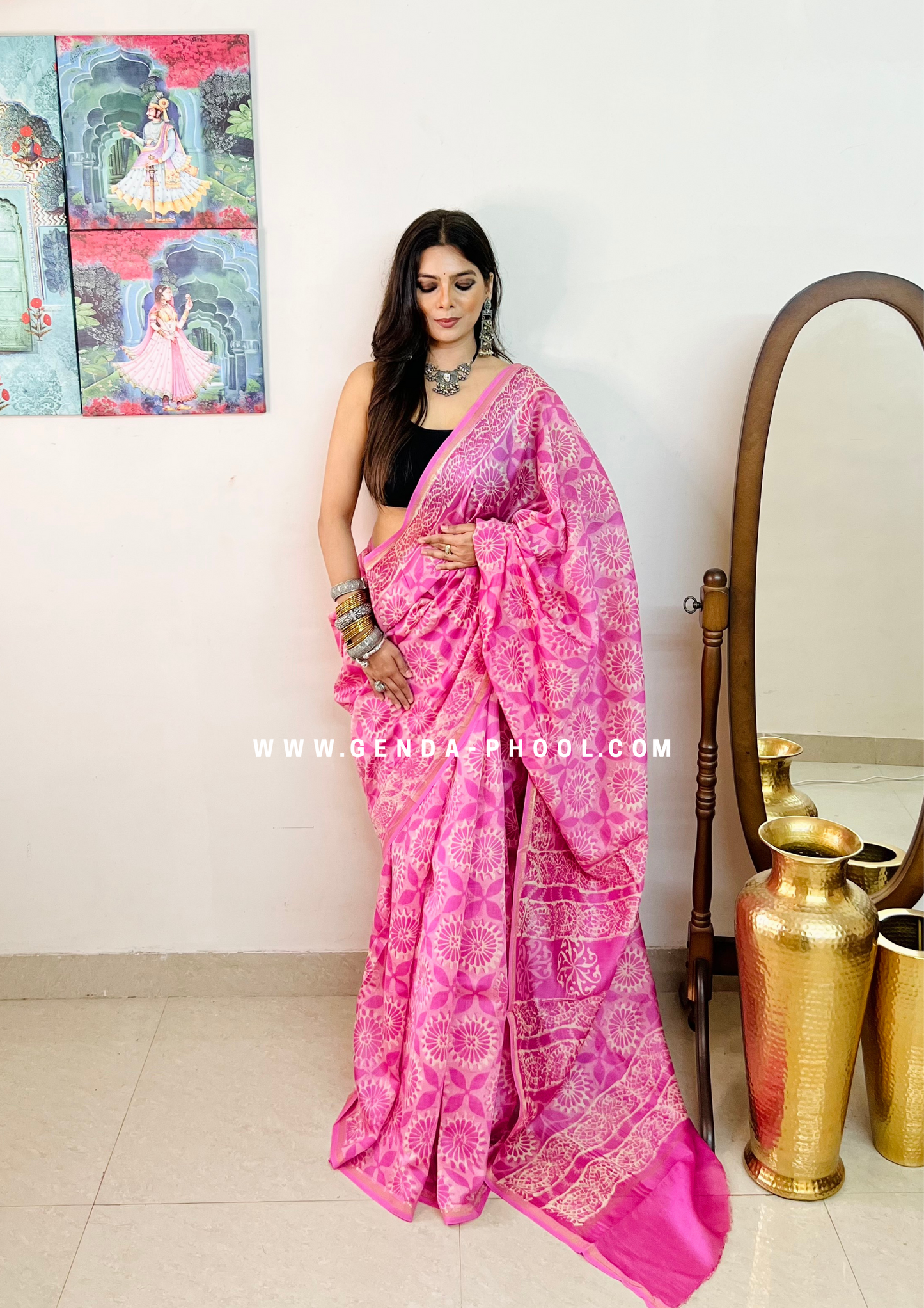 Handloom Dabu Handblock Printed Chanderi Silk Cotton Saree with Zari Border