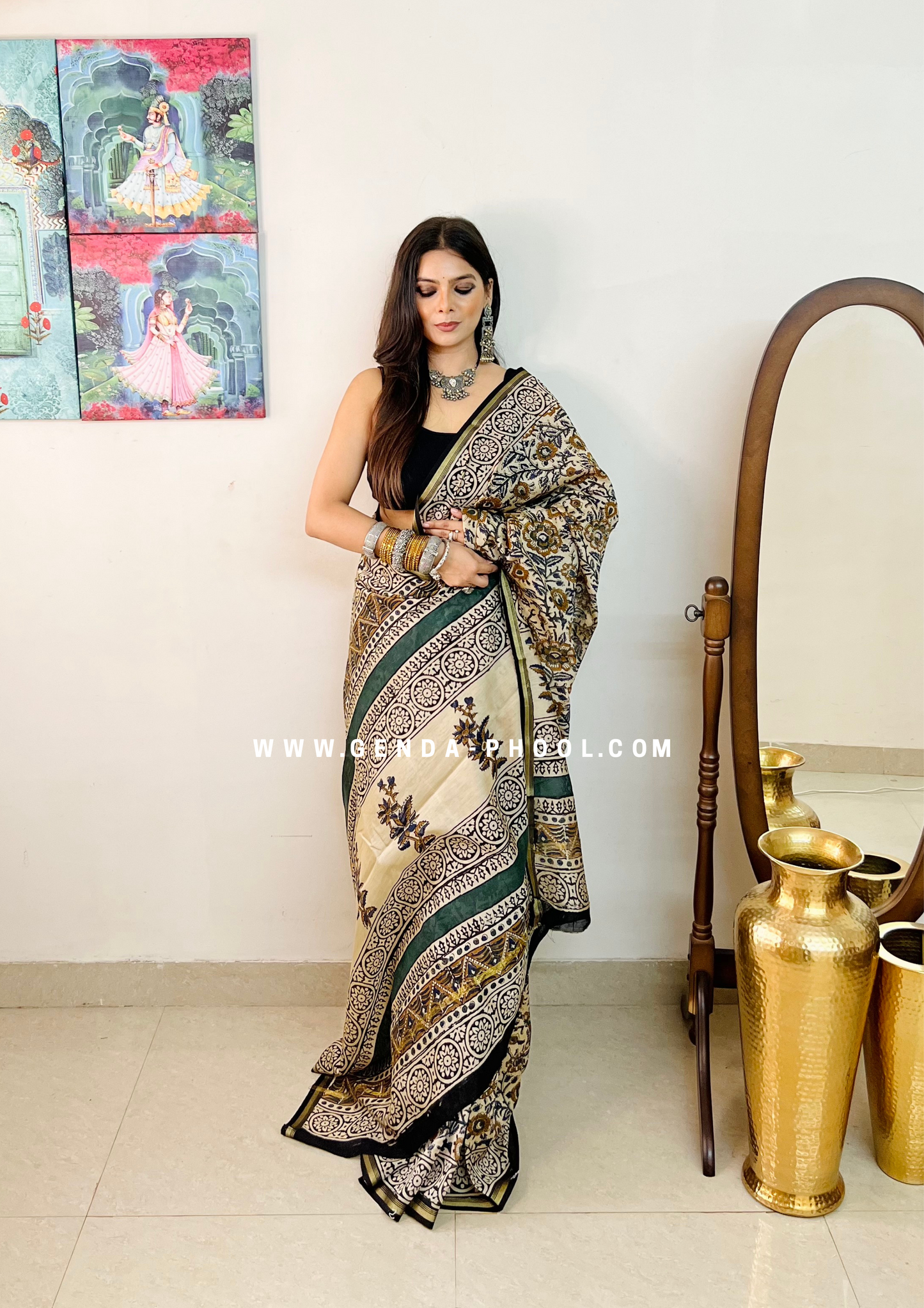 Handloom Kalamkari Handblock Printed Chanderi Silk Cotton Saree with Zari Border