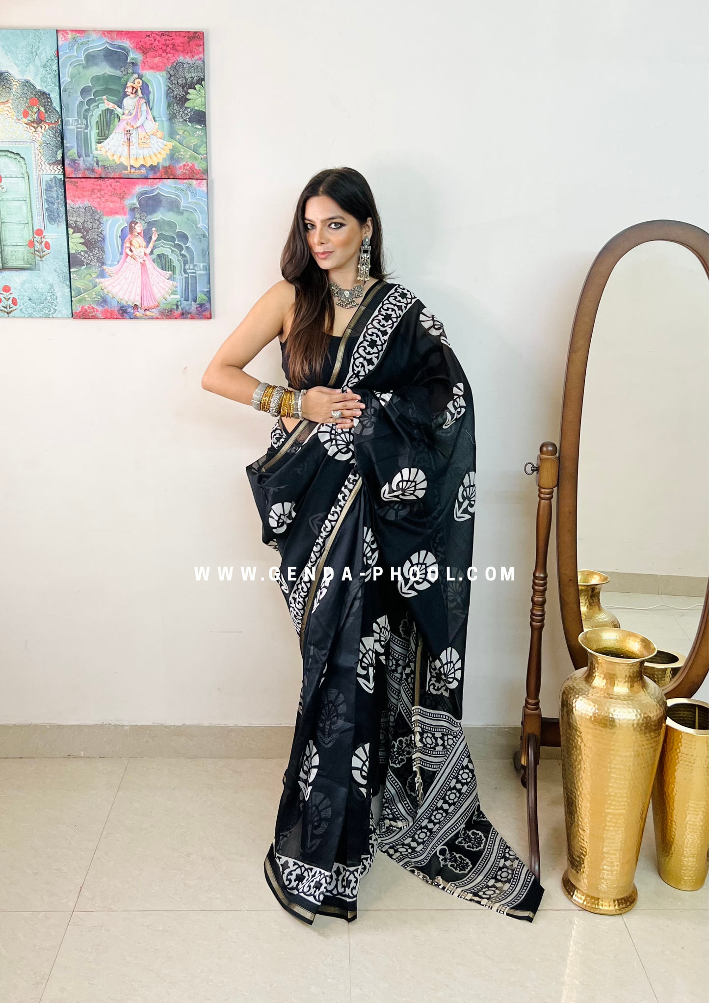 Handloom Dabu Handblock Printed Chanderi Silk Cotton Saree with Zari Border