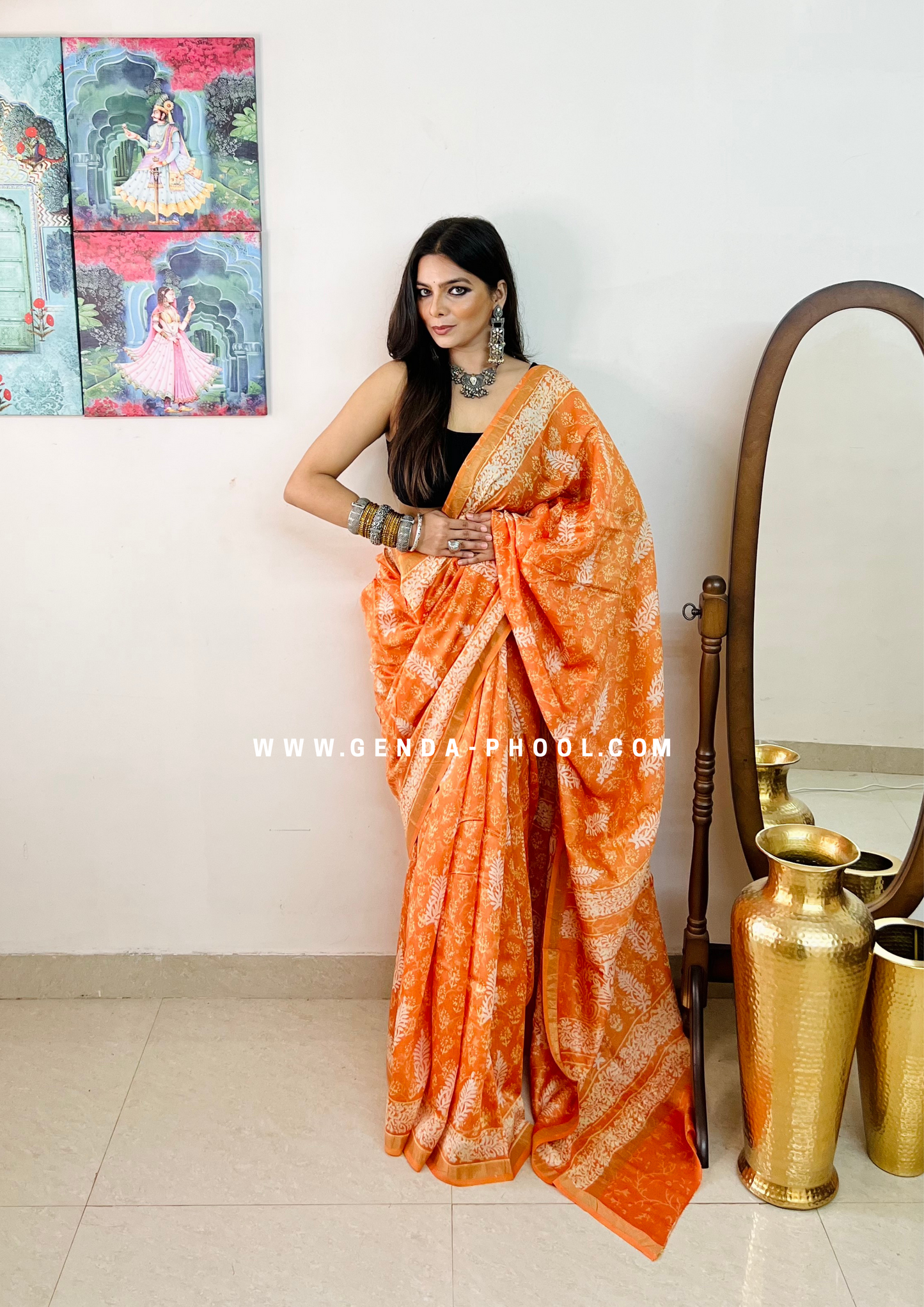 Handloom Dabu Handblock Printed Chanderi Silk Cotton Saree with Zari Border