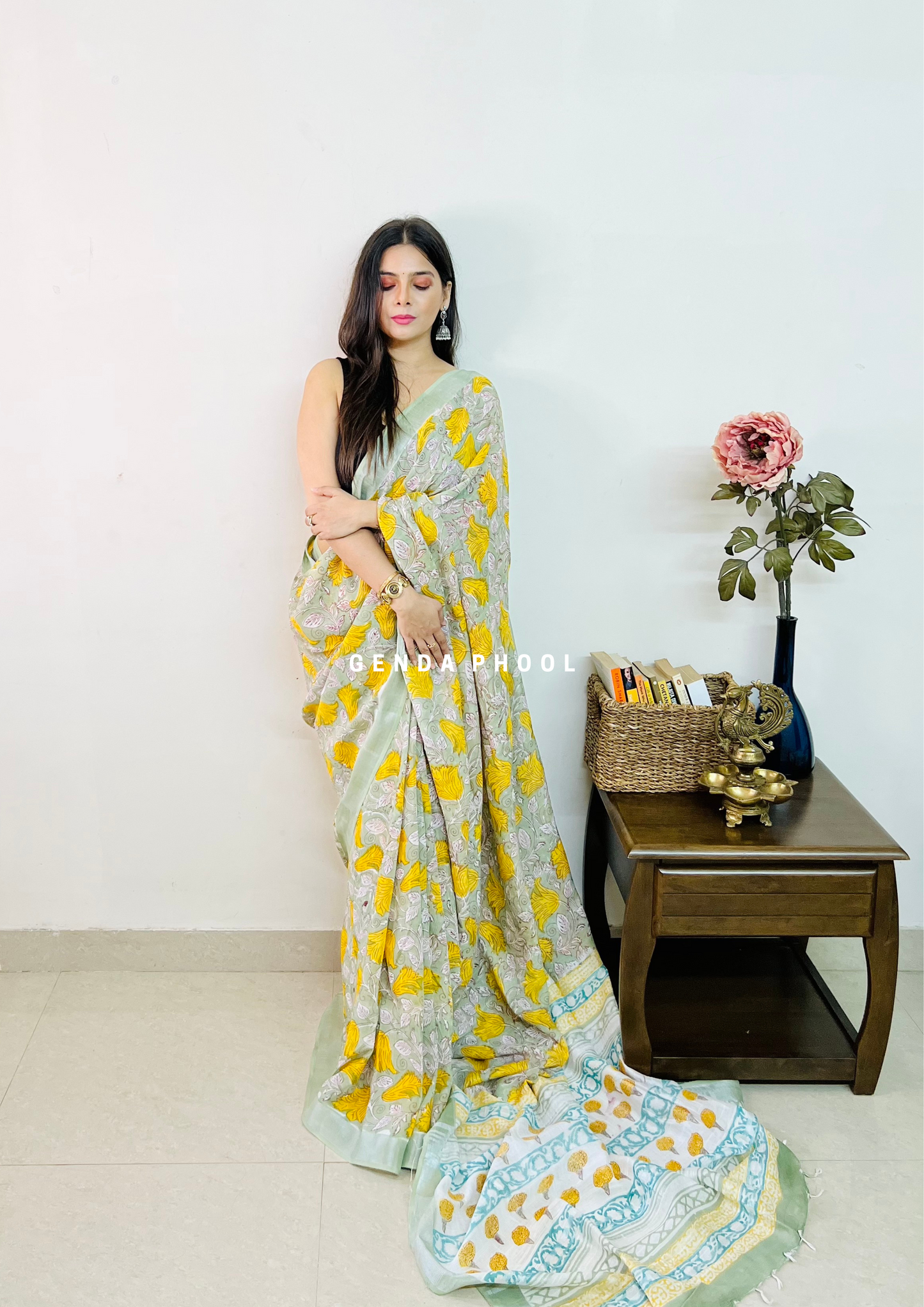 Handblock Printed Linen Cotton Saree