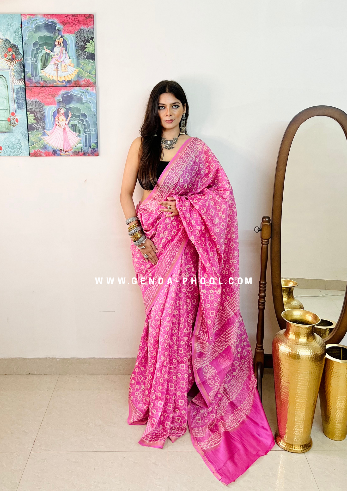 Handloom Dabu Handblock Printed Chanderi Silk Cotton Saree with Zari Border