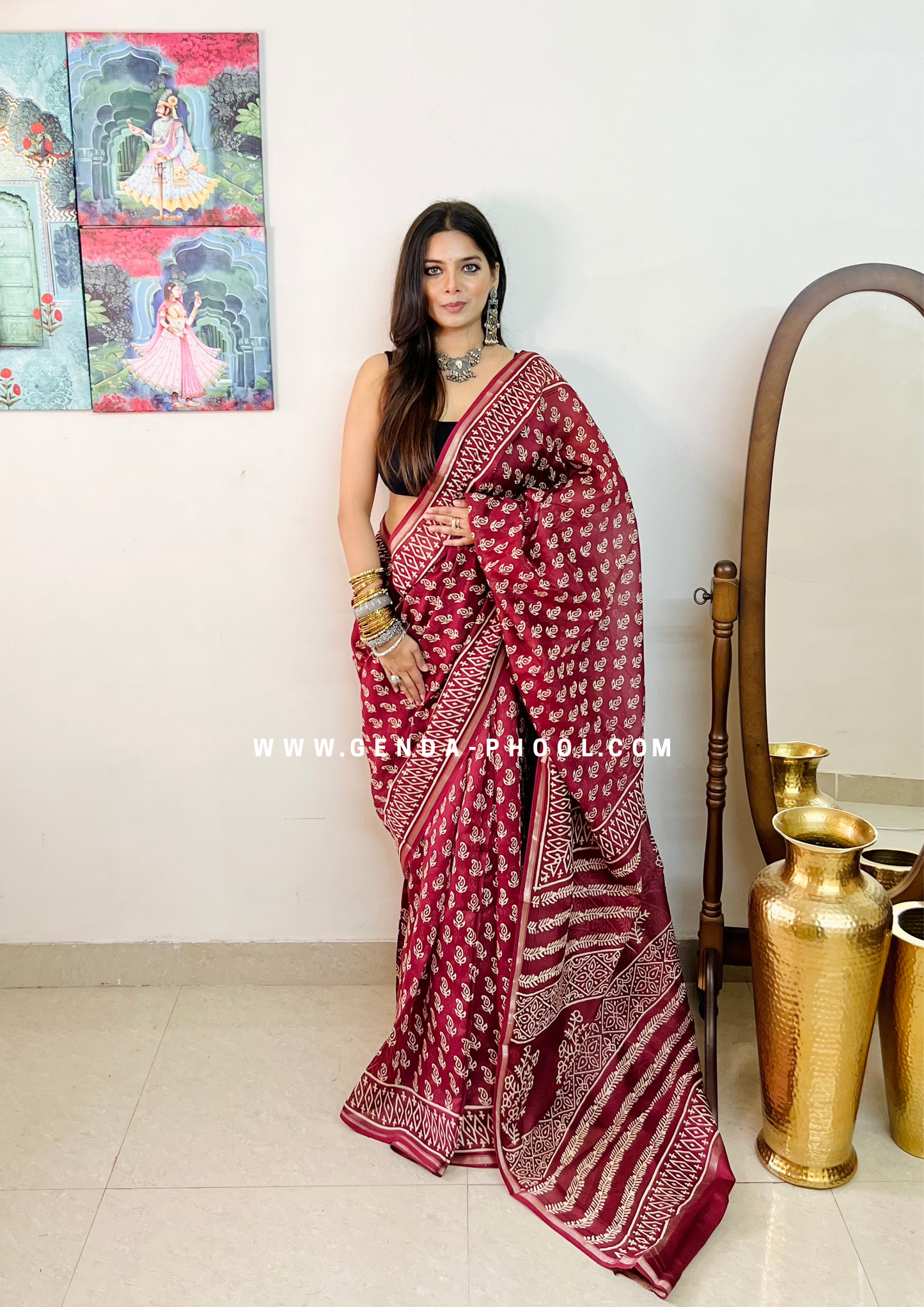 Handloom Dabu Handblock Printed Chanderi Silk Cotton Saree with Zari Border