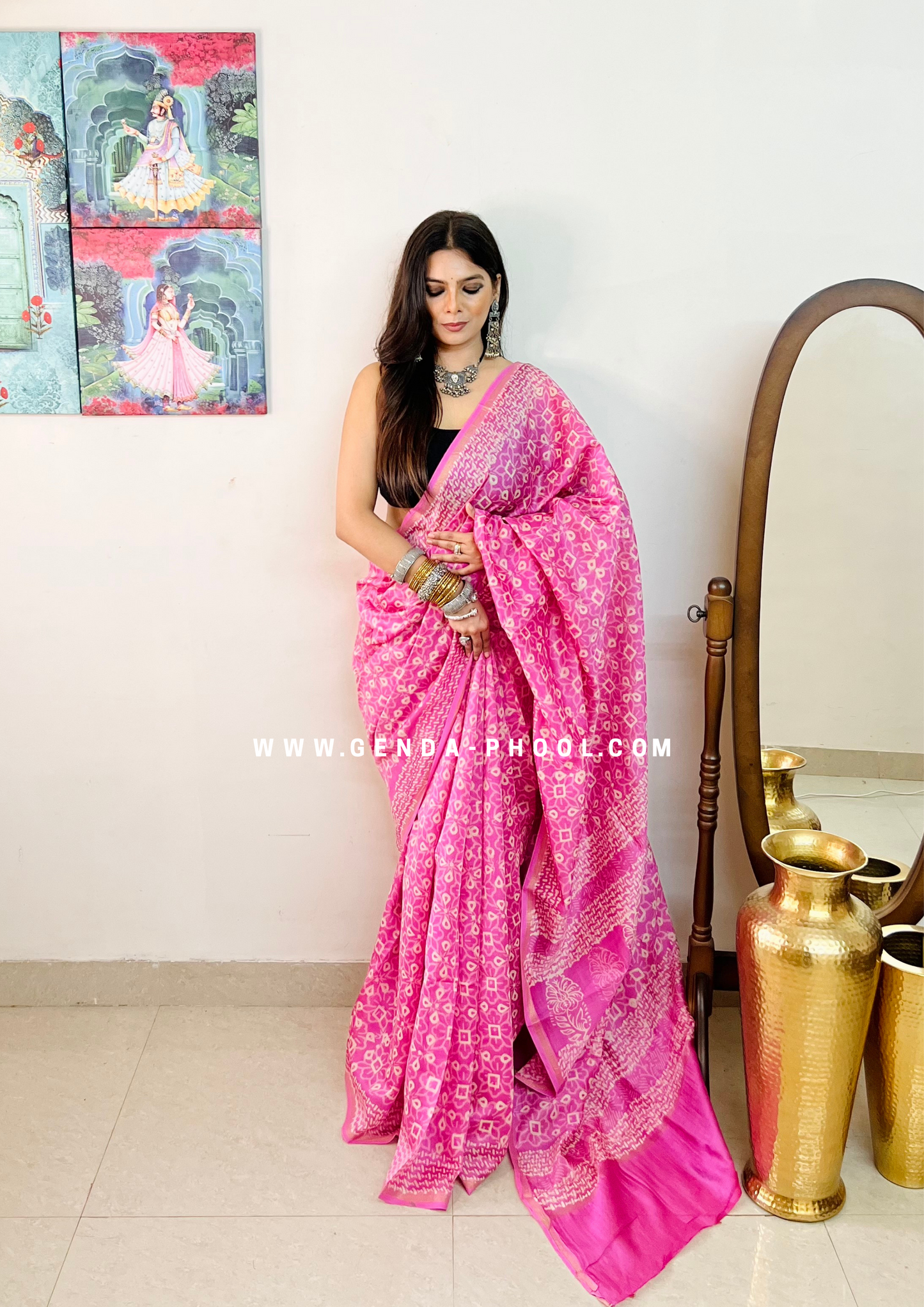 Handloom Dabu Handblock Printed Chanderi Silk Cotton Saree with Zari Border