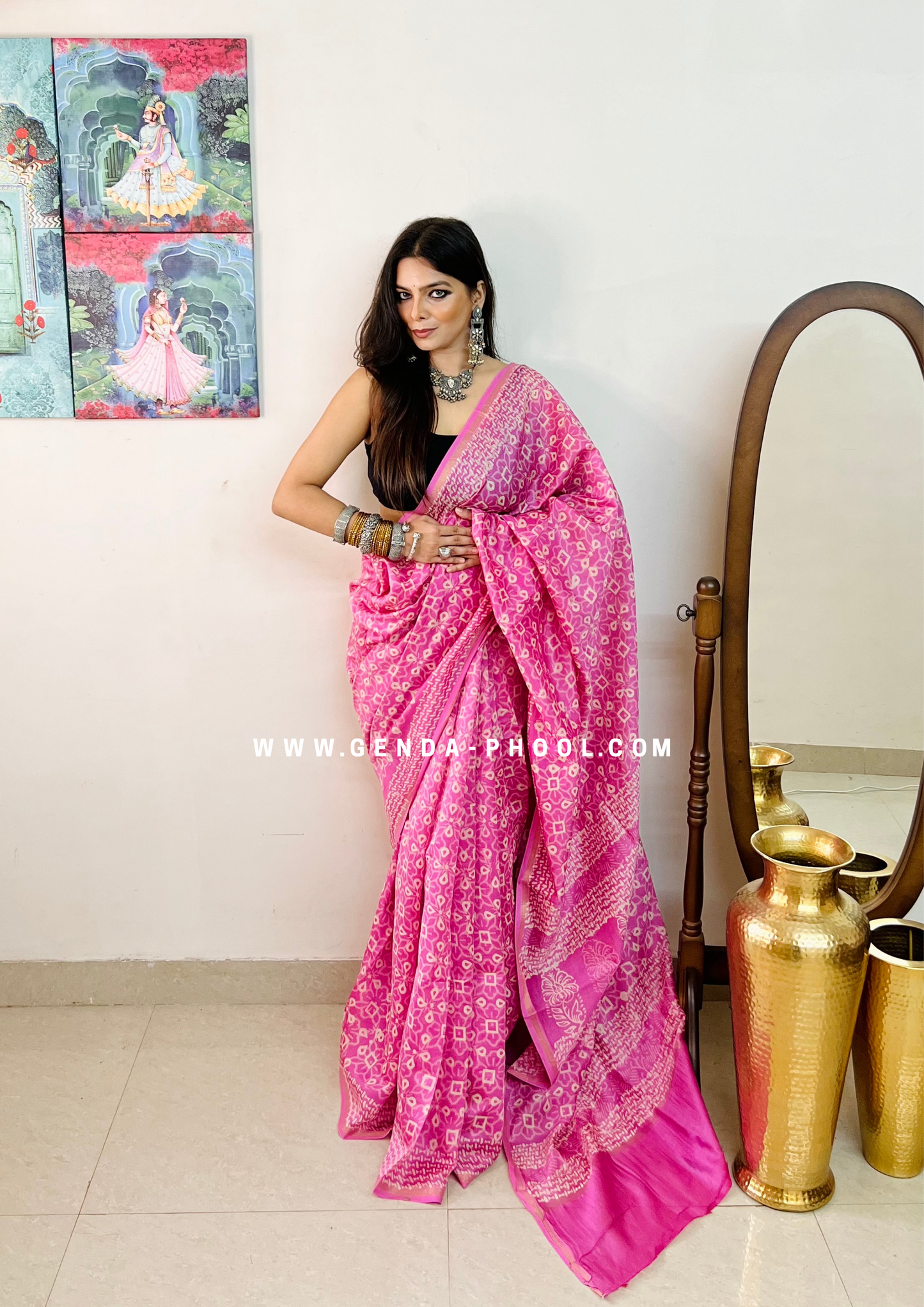 Handloom Dabu Handblock Printed Chanderi Silk Cotton Saree with Zari Border