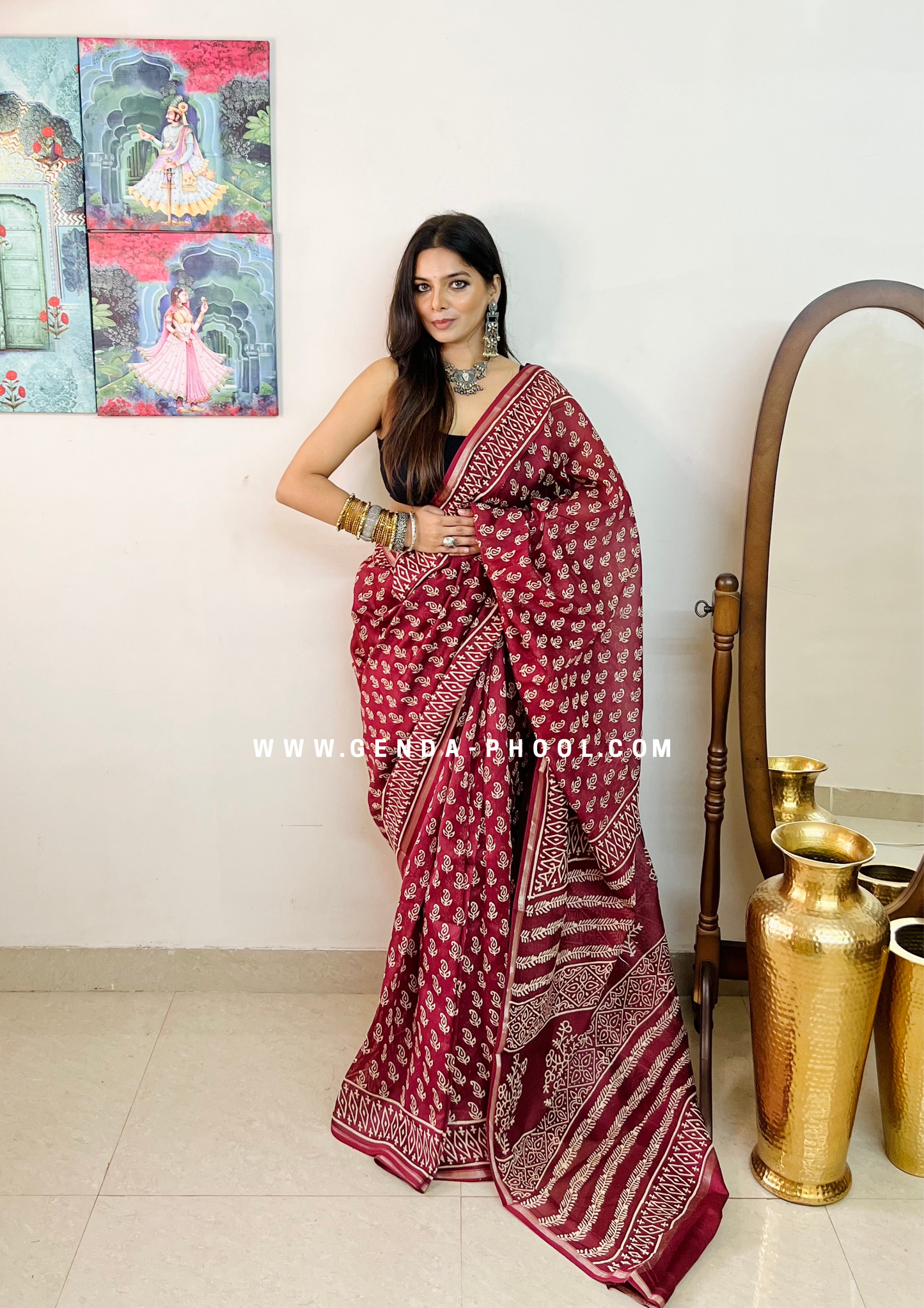 Handloom Dabu Handblock Printed Chanderi Silk Cotton Saree with Zari Border