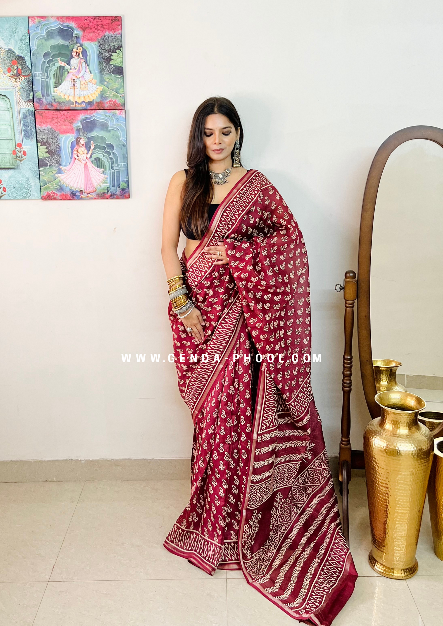 Handloom Dabu Handblock Printed Chanderi Silk Cotton Saree with Zari Border