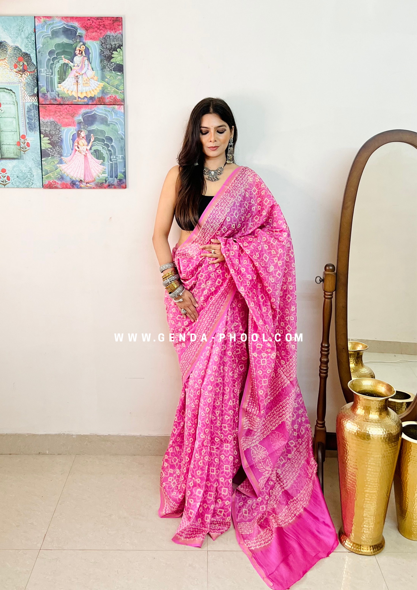 Handloom Dabu Handblock Printed Chanderi Silk Cotton Saree with Zari Border