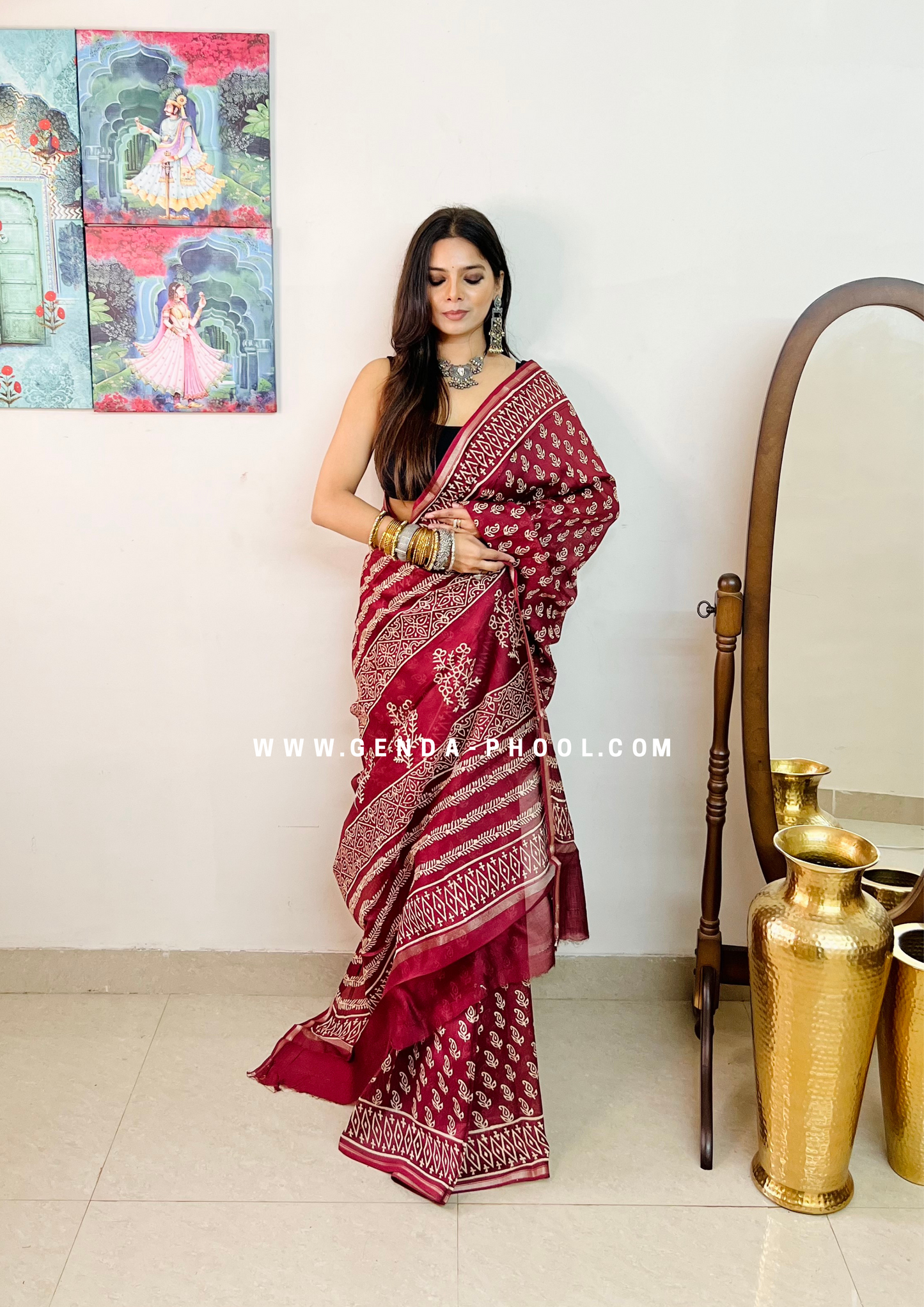 Handloom Dabu Handblock Printed Chanderi Silk Cotton Saree with Zari Border