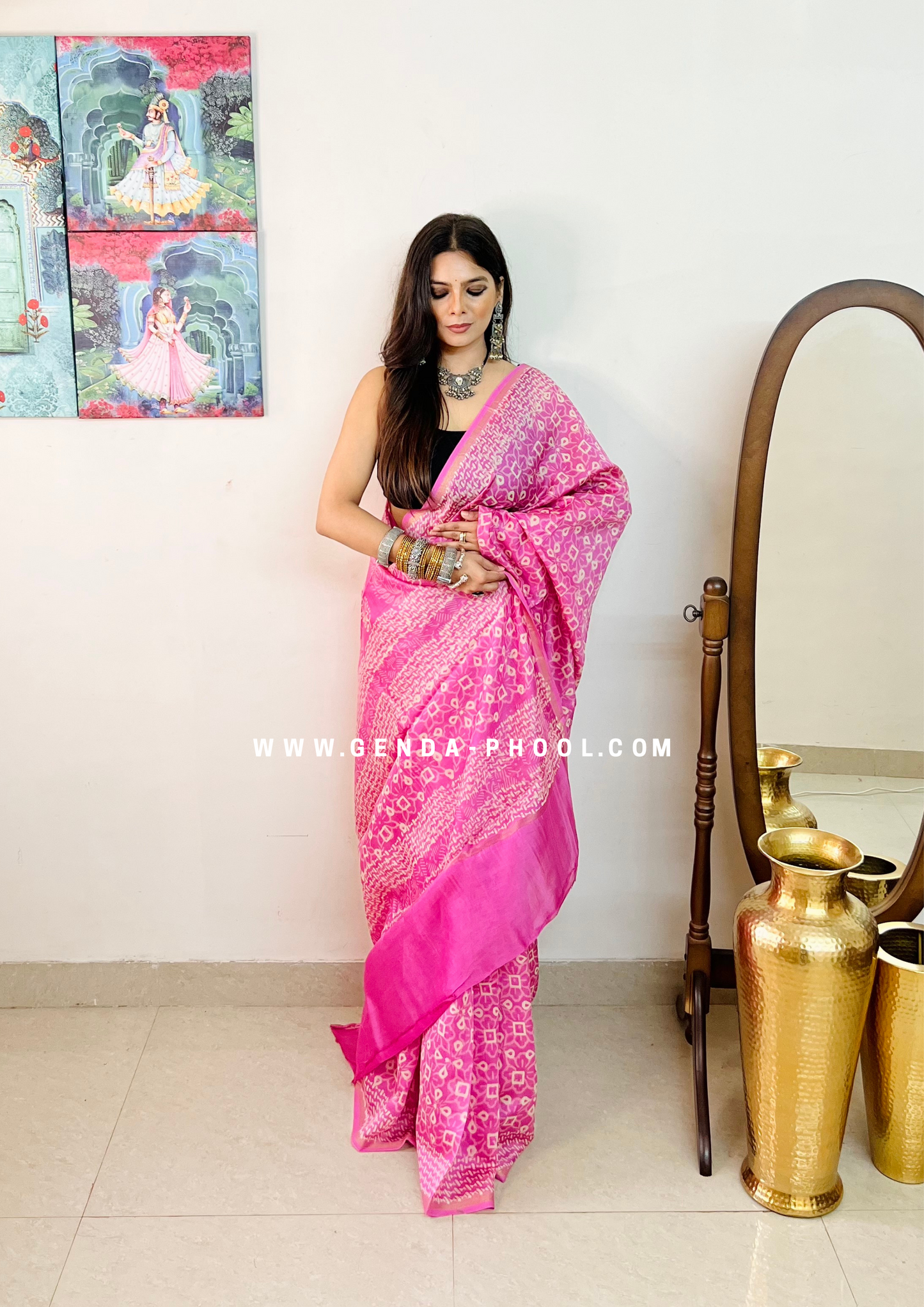 Handloom Dabu Handblock Printed Chanderi Silk Cotton Saree with Zari Border