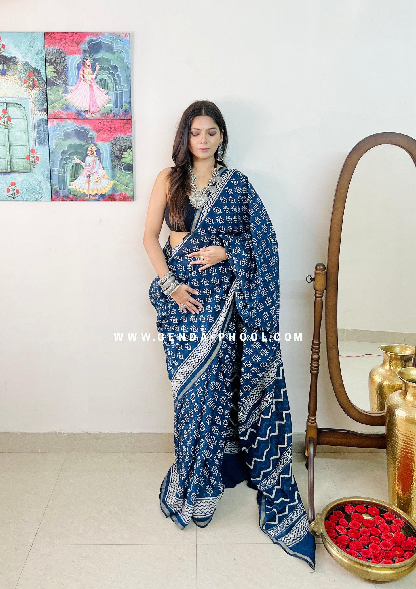 Dabu Hand-Block Chanderi Cotton Silk Saree with Zari Border