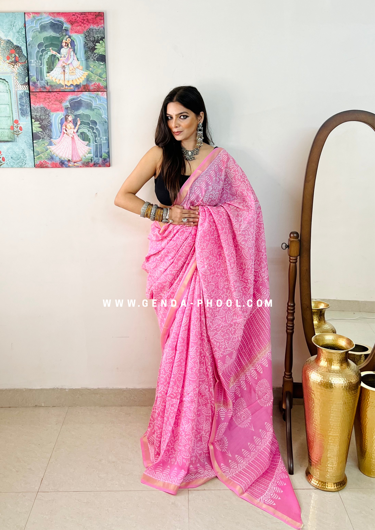 Handloom Dabu Handblock Printed Chanderi Silk Cotton Saree with Zari Border