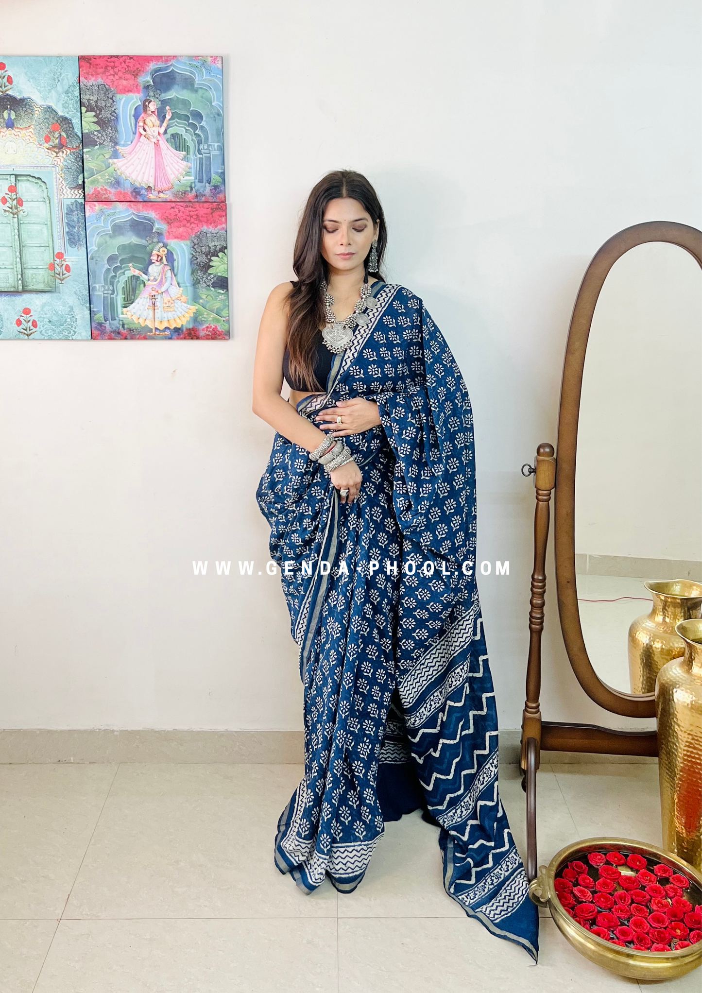 Dabu Hand-Block Chanderi Cotton Silk Saree with Zari Border