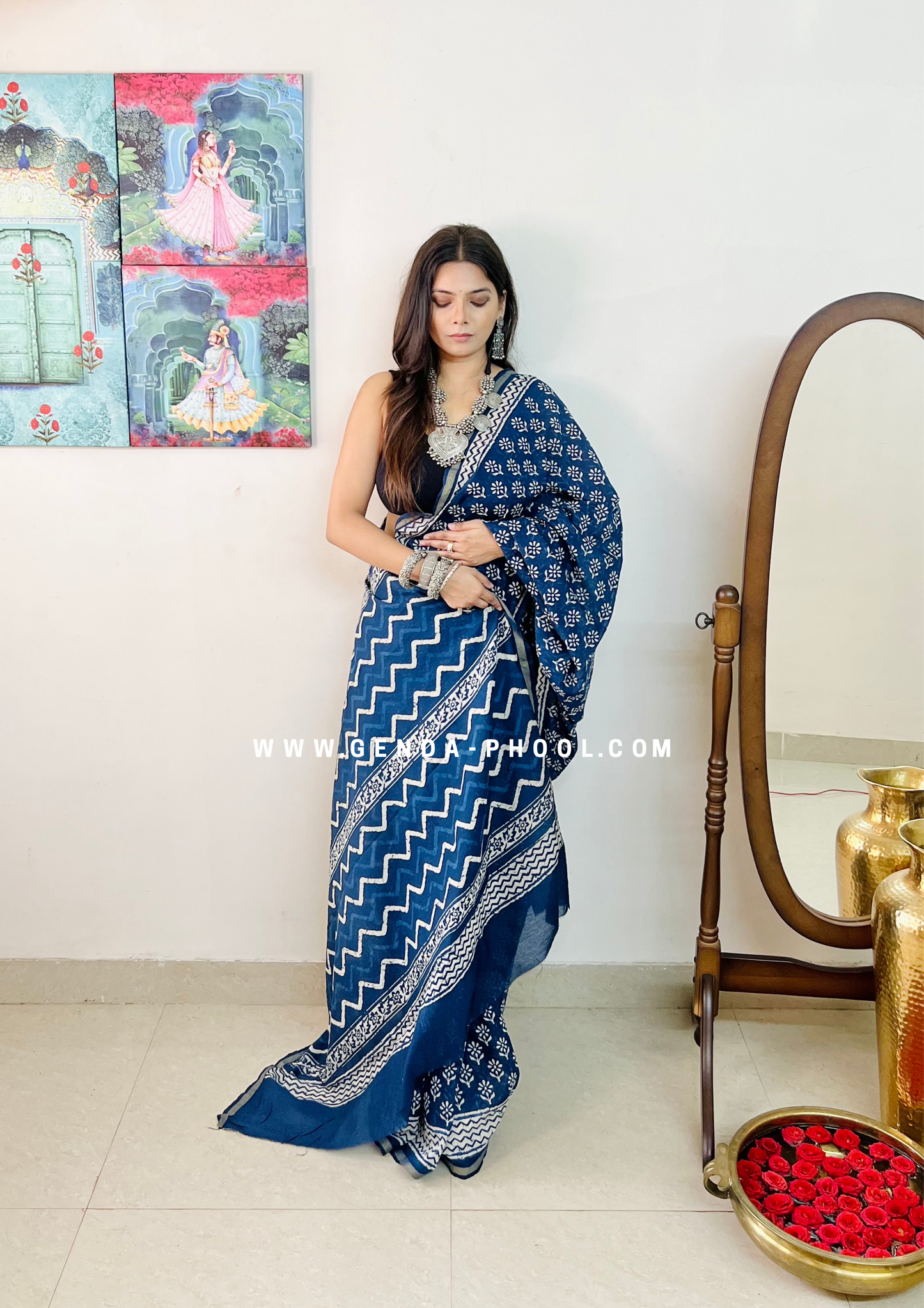 Dabu Hand-Block Chanderi Cotton Silk Saree with Zari Border
