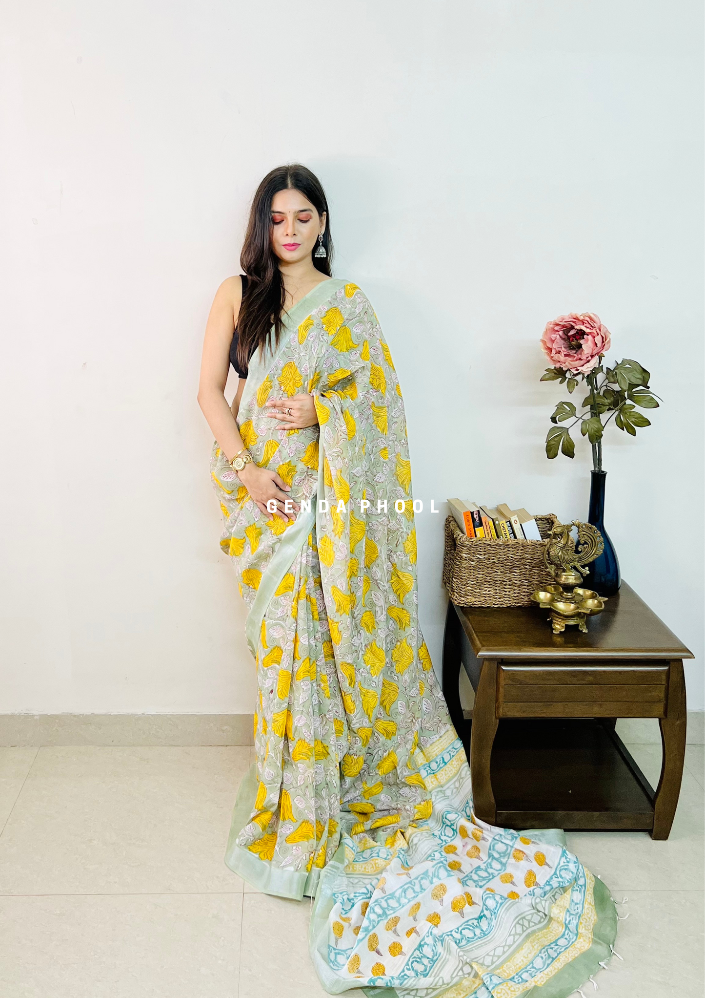 Handblock Printed Linen Cotton Saree