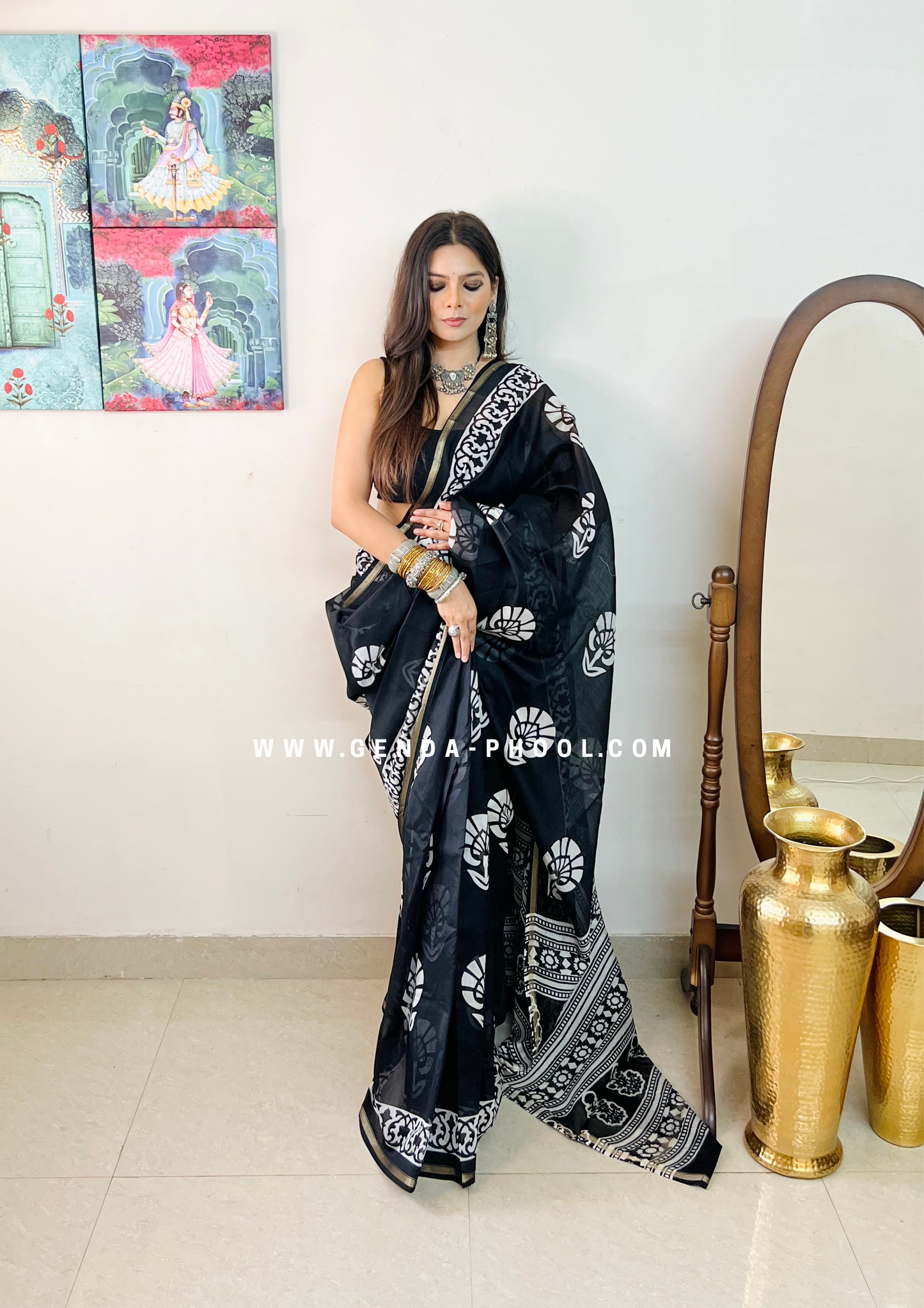 Handloom Dabu Handblock Printed Chanderi Silk Cotton Saree with Zari Border