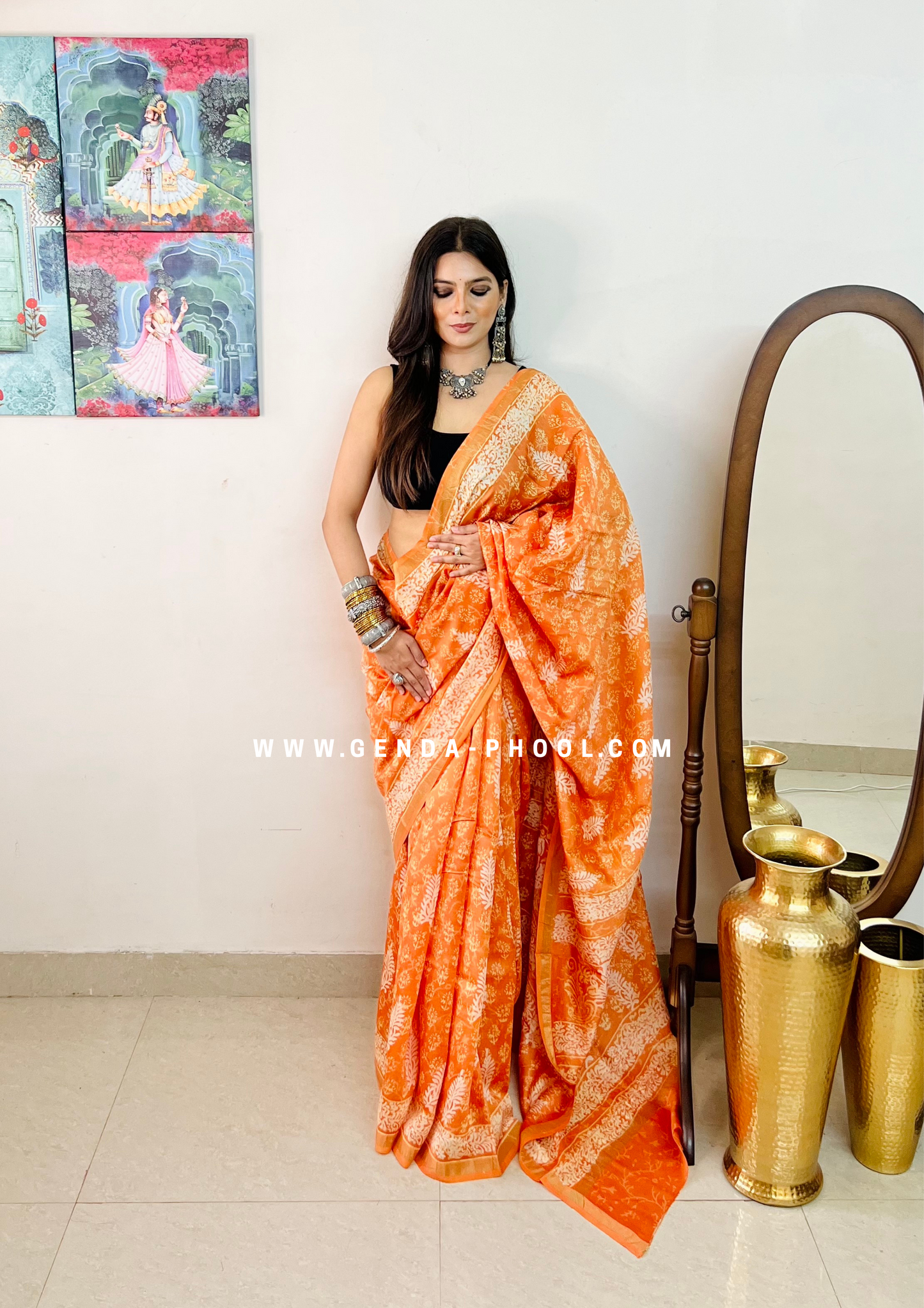 Handloom Dabu Handblock Printed Chanderi Silk Cotton Saree with Zari Border