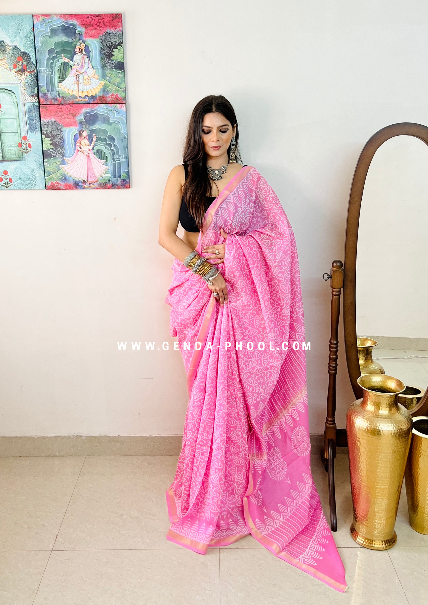 Handloom Dabu Handblock Printed Chanderi Silk Cotton Saree with Zari Border