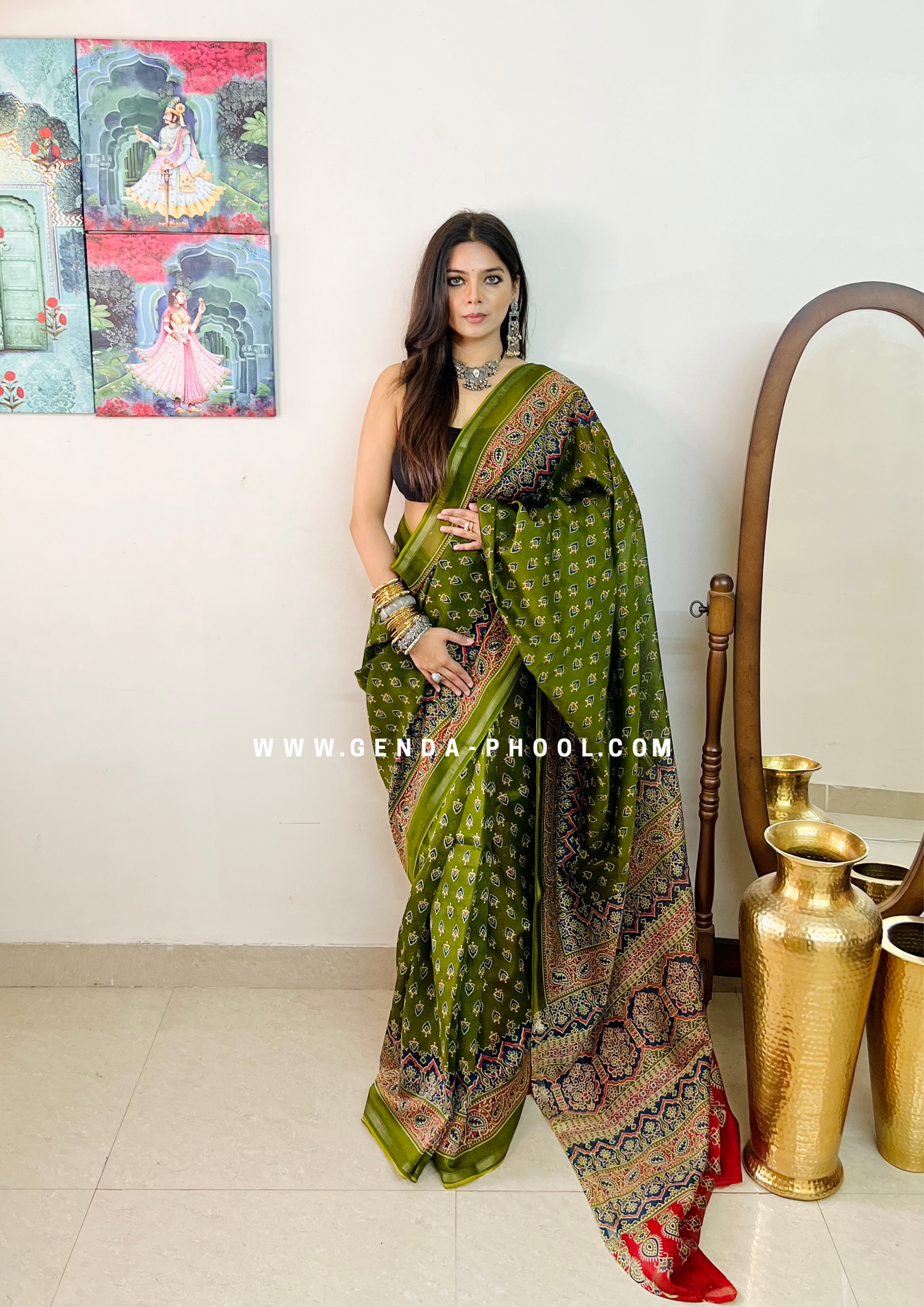 Handloom Dabu Handblock Printed Chanderi Silk Cotton Saree with Zari Border