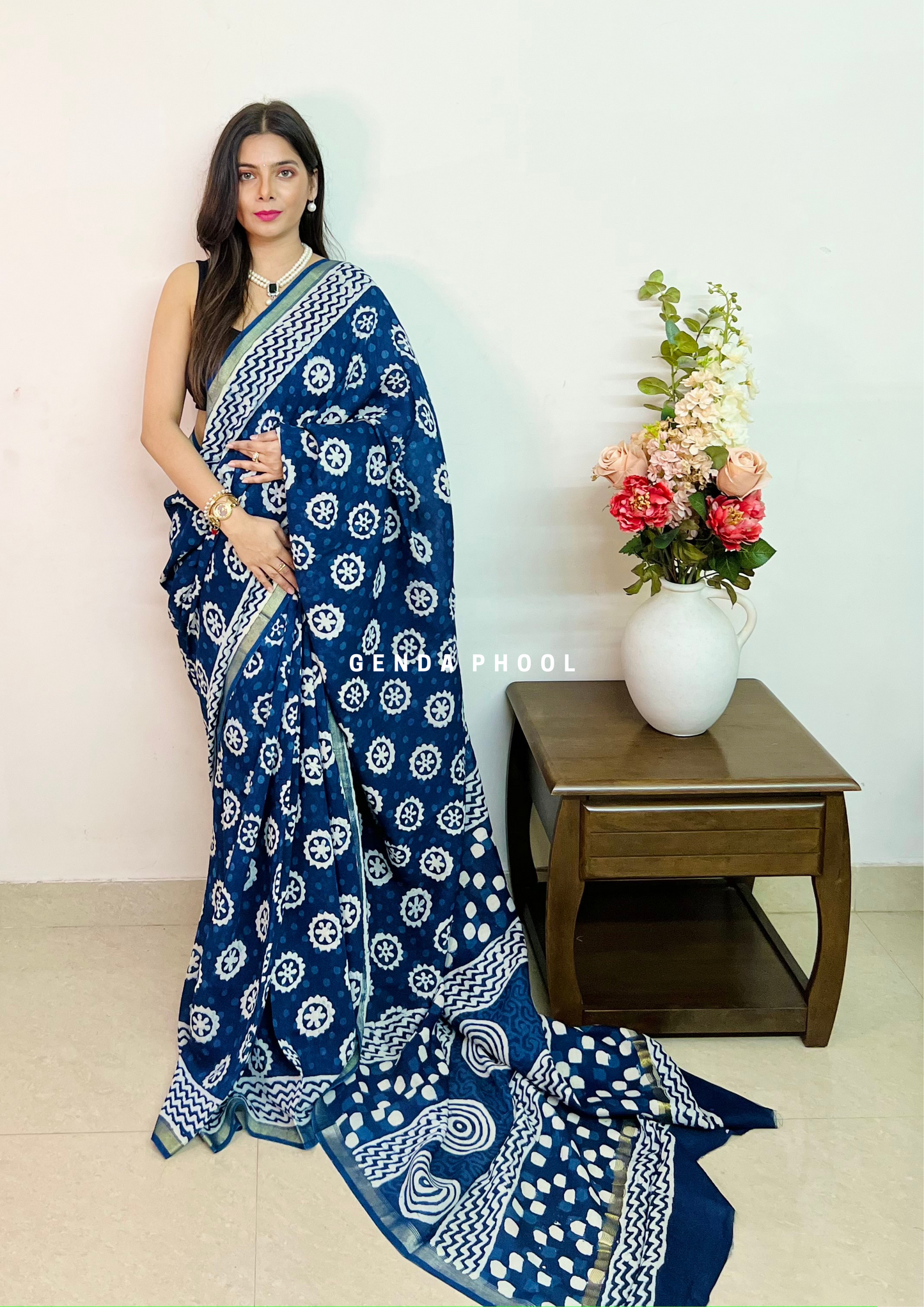 Handloom Handblock Printed Indigo Chanderi Silk Cotton Saree with Zari Border