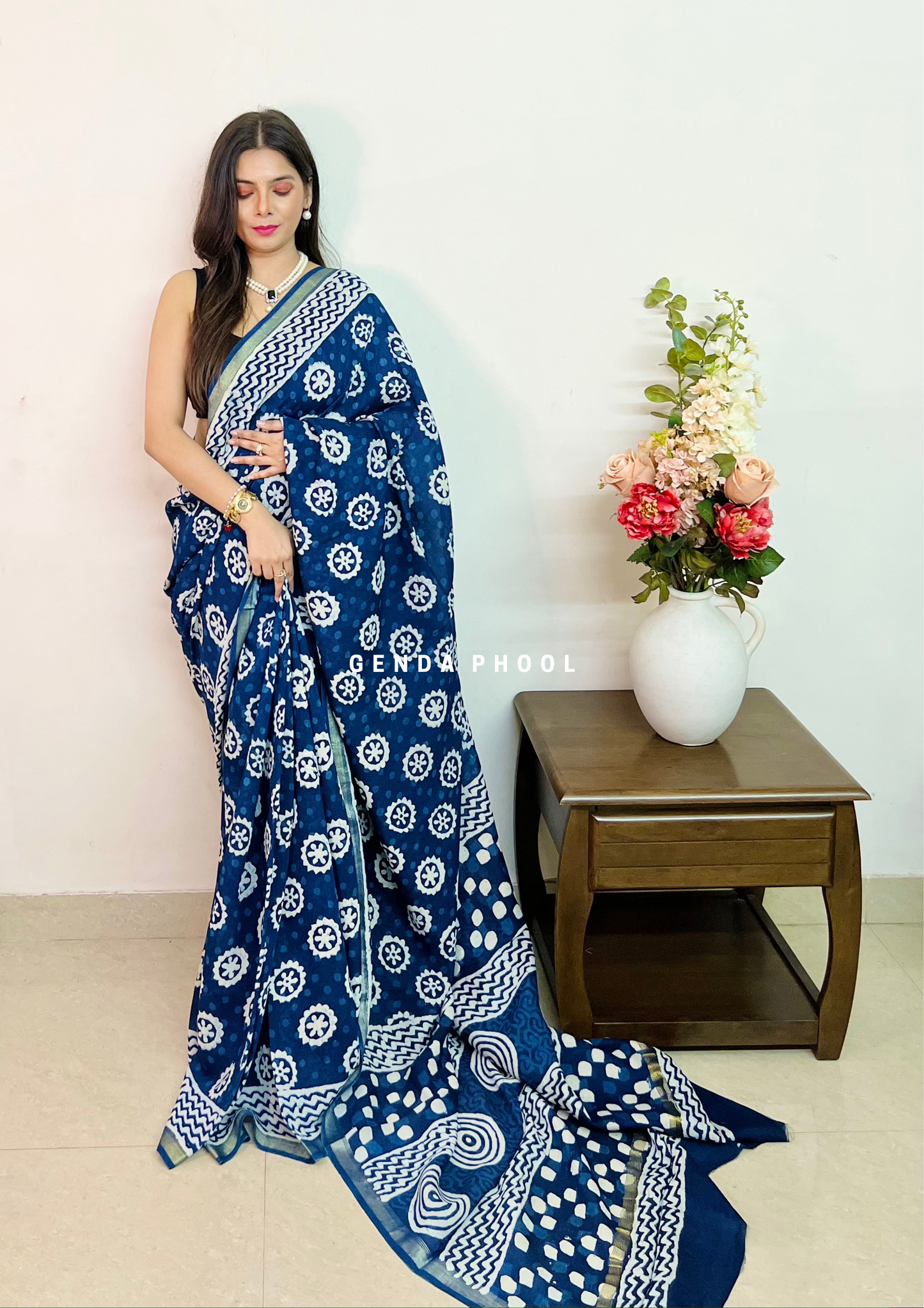 Handloom Handblock Printed Indigo Chanderi Silk Cotton Saree with Zari Border