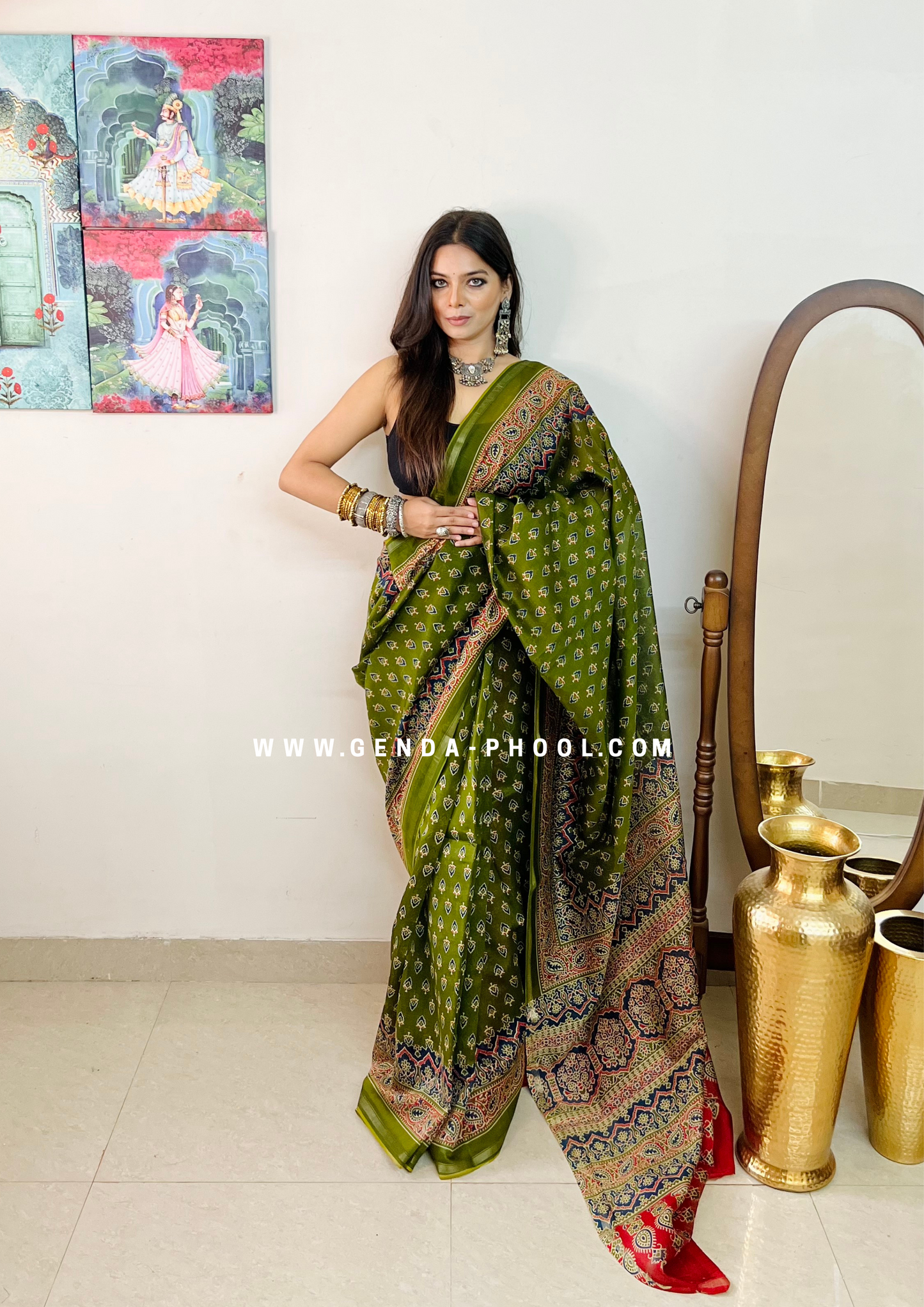 Handloom Dabu Handblock Printed Chanderi Silk Cotton Saree with Zari Border