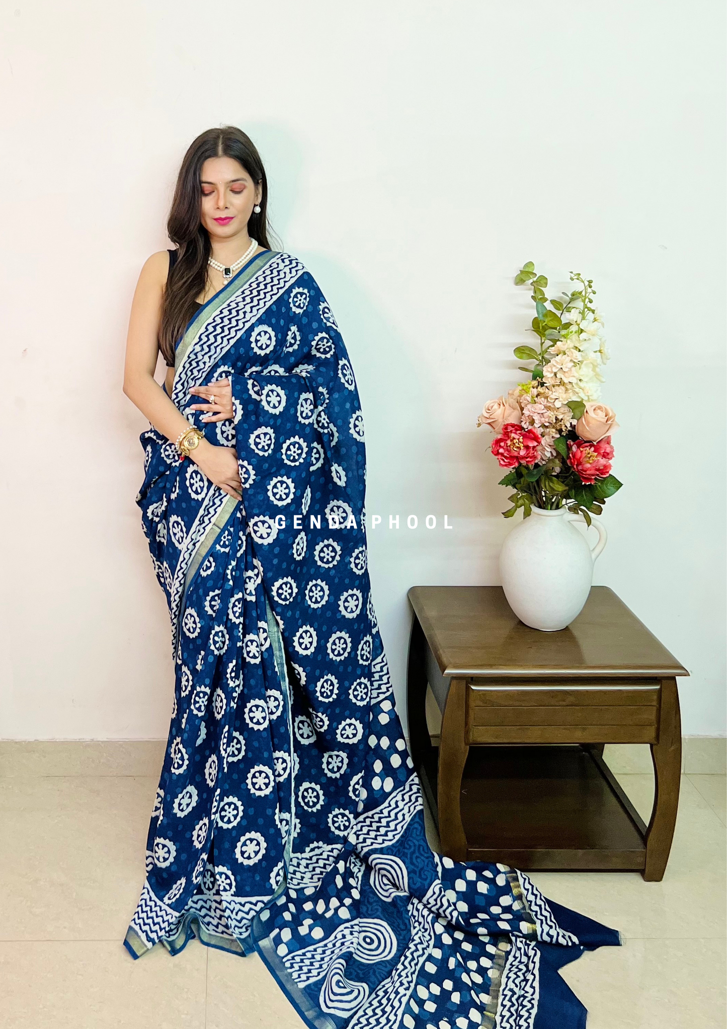 Handloom Handblock Printed Indigo Chanderi Silk Cotton Saree with Zari Border