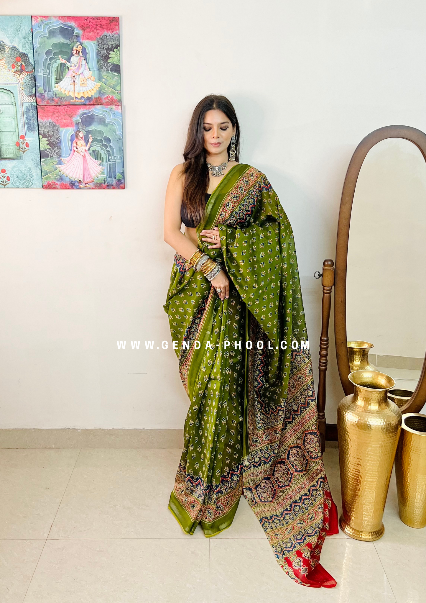 Handloom Dabu Handblock Printed Chanderi Silk Cotton Saree with Zari Border