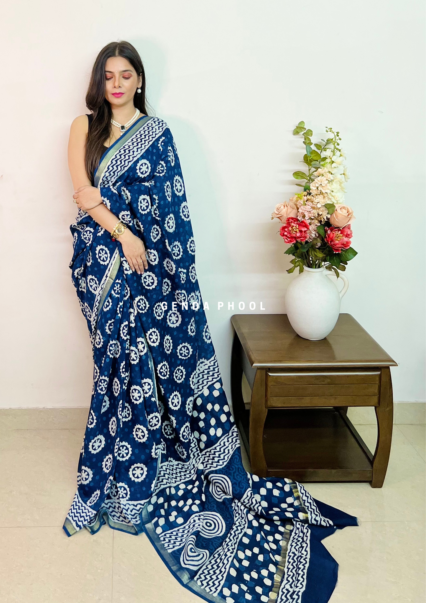 Handloom Handblock Printed Indigo Chanderi Silk Cotton Saree with Zari Border