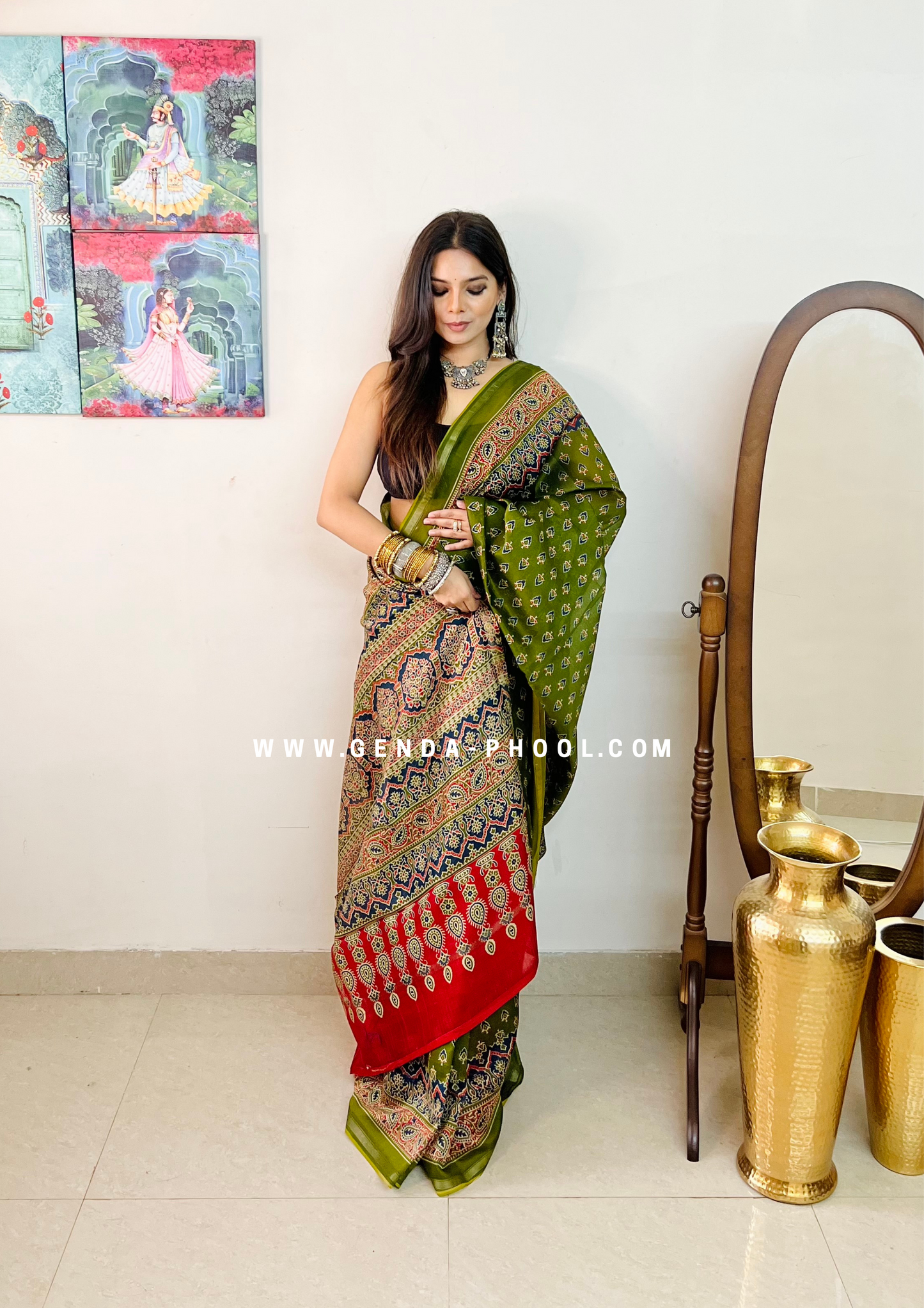 Handloom Dabu Handblock Printed Chanderi Silk Cotton Saree with Zari Border