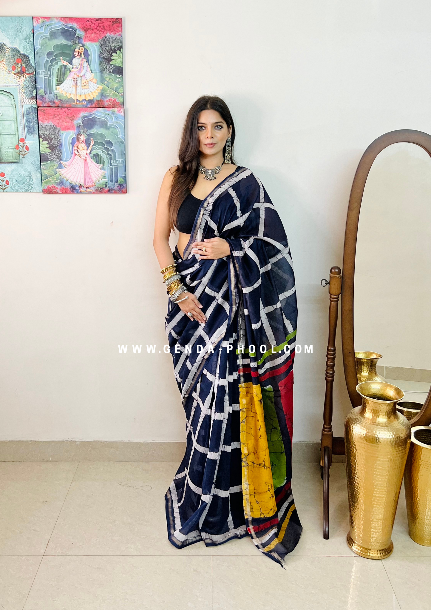 Handloom Dabu Handblock Printed Chanderi Silk Cotton Saree with Zari Border