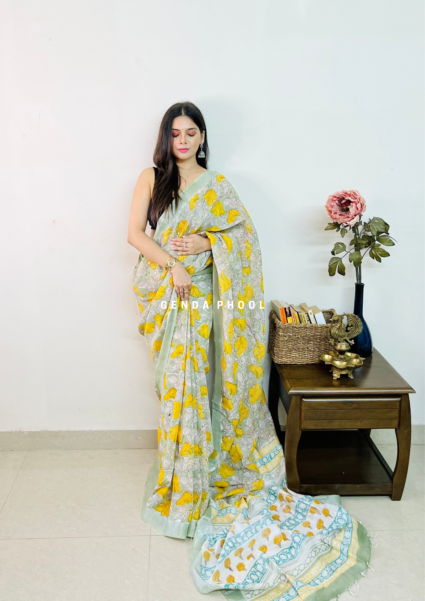 Handblock Printed Linen Cotton Saree