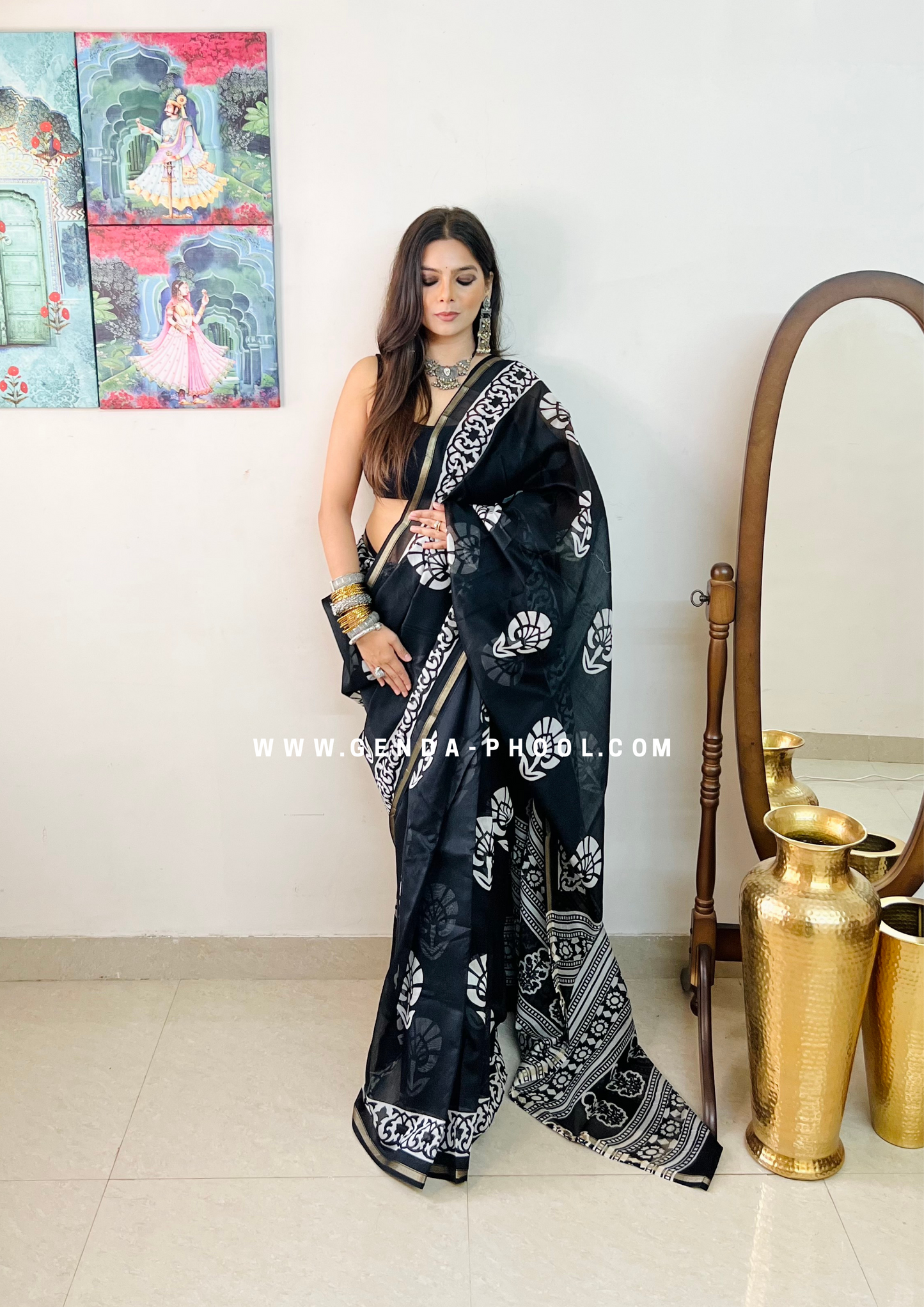 Handloom Dabu Handblock Printed Chanderi Silk Cotton Saree with Zari Border