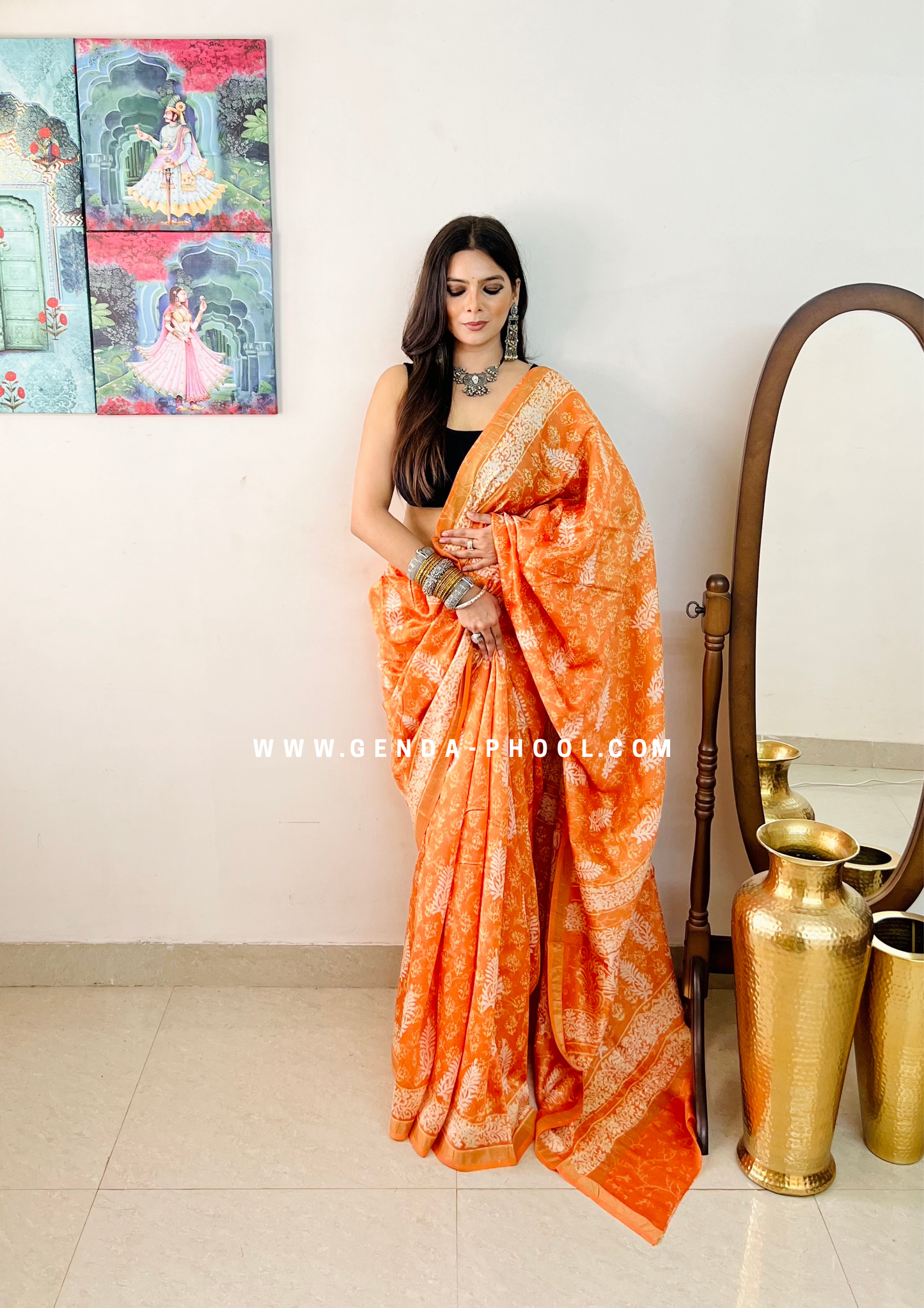 Handloom Dabu Handblock Printed Chanderi Silk Cotton Saree with Zari Border