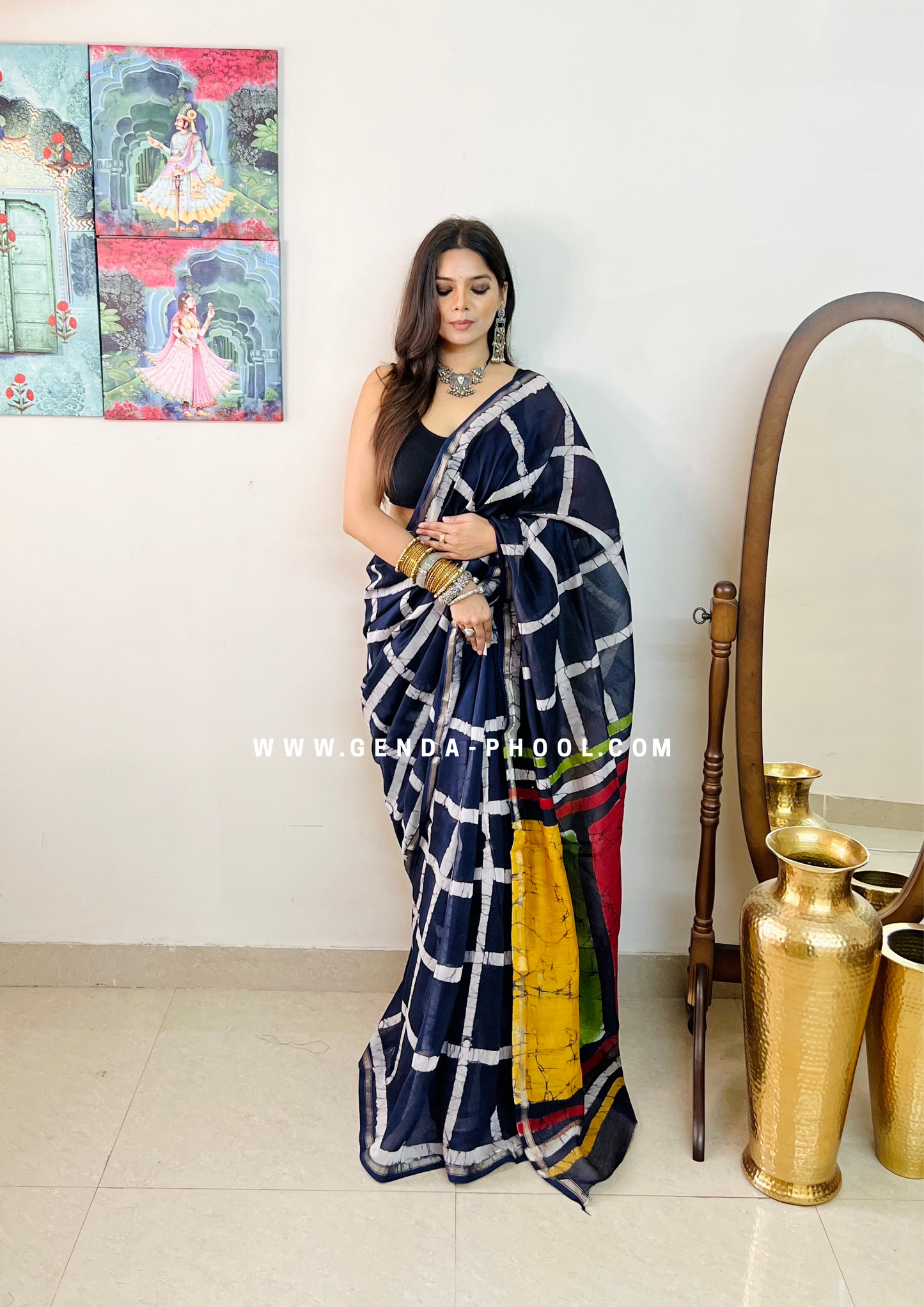 Handloom Dabu Handblock Printed Chanderi Silk Cotton Saree with Zari Border