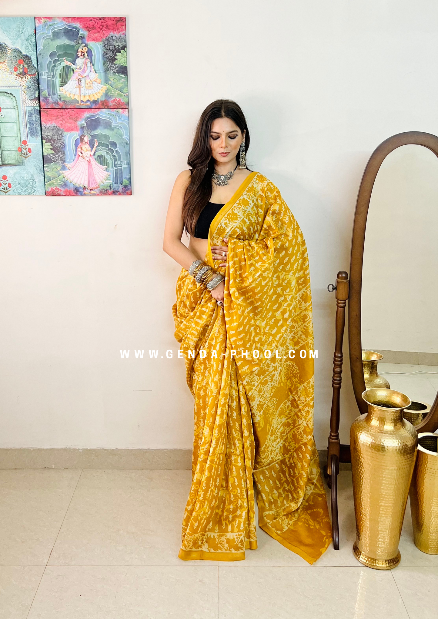 Handloom Dabu Handblock Printed Chanderi Silk Cotton Saree with Zari Border